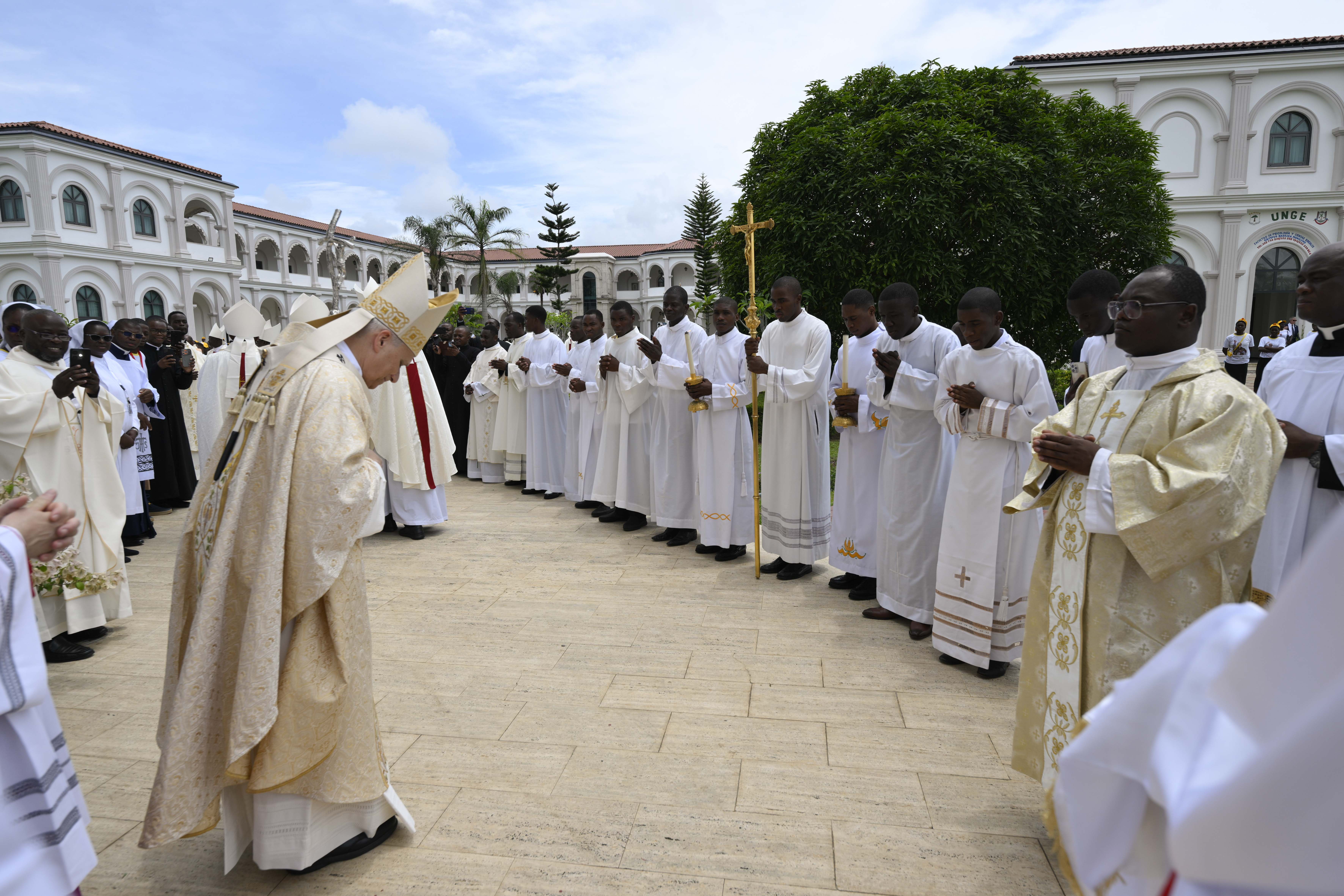 Pope Leo XIV greets Catholics during Mass at the Basilica of the Immaculate Conception in Mengomeyén, Equatorial Guinea, Wednesday, April 22, 2026. | Credit: Vatican Media