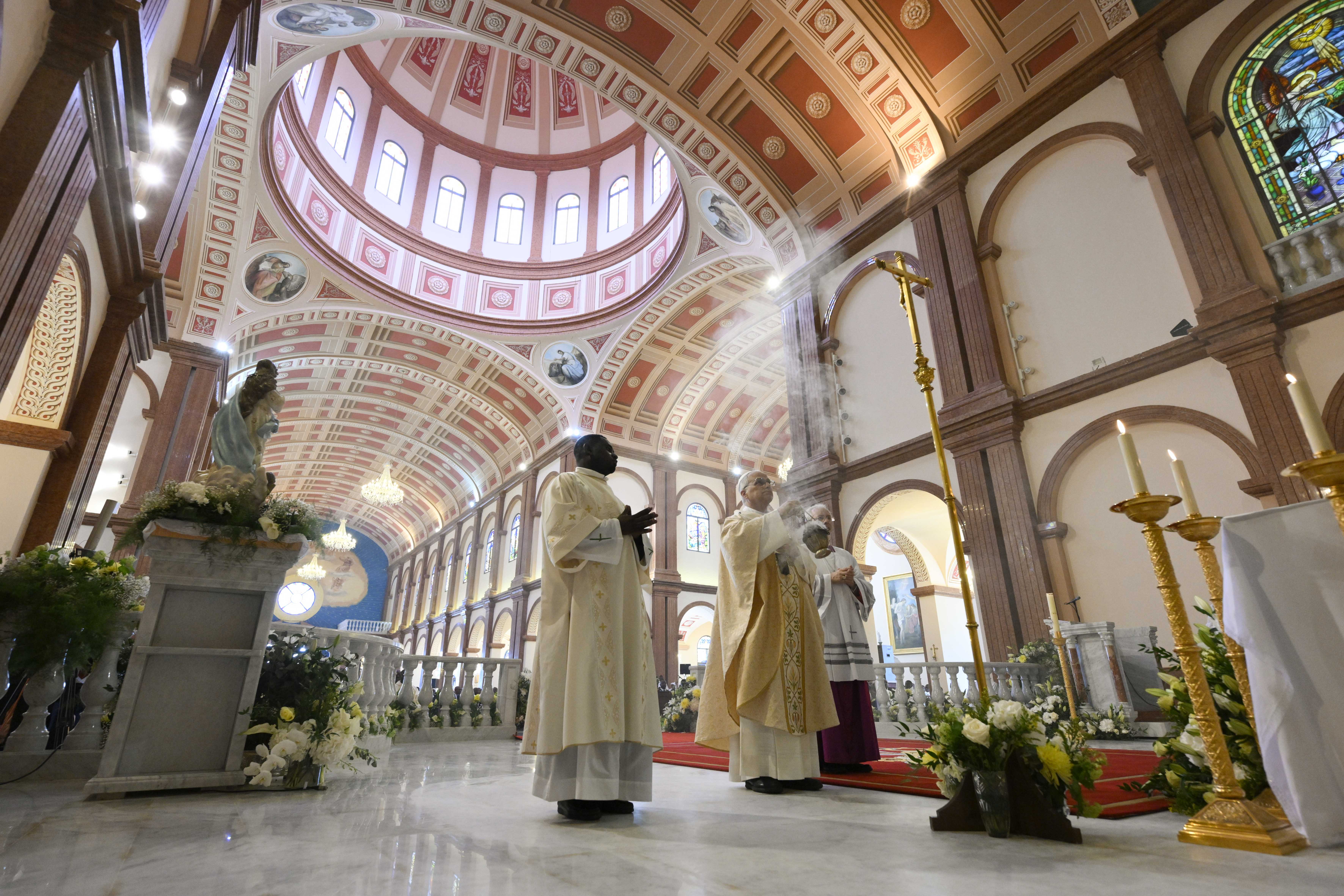 Pope Leo XIV incenses the altar during Mass at the Basilica of the Immaculate Conception in Mengomeyén, Equatorial Guinea, Wednesday, April 22, 2026. | Credit: Vatican Media