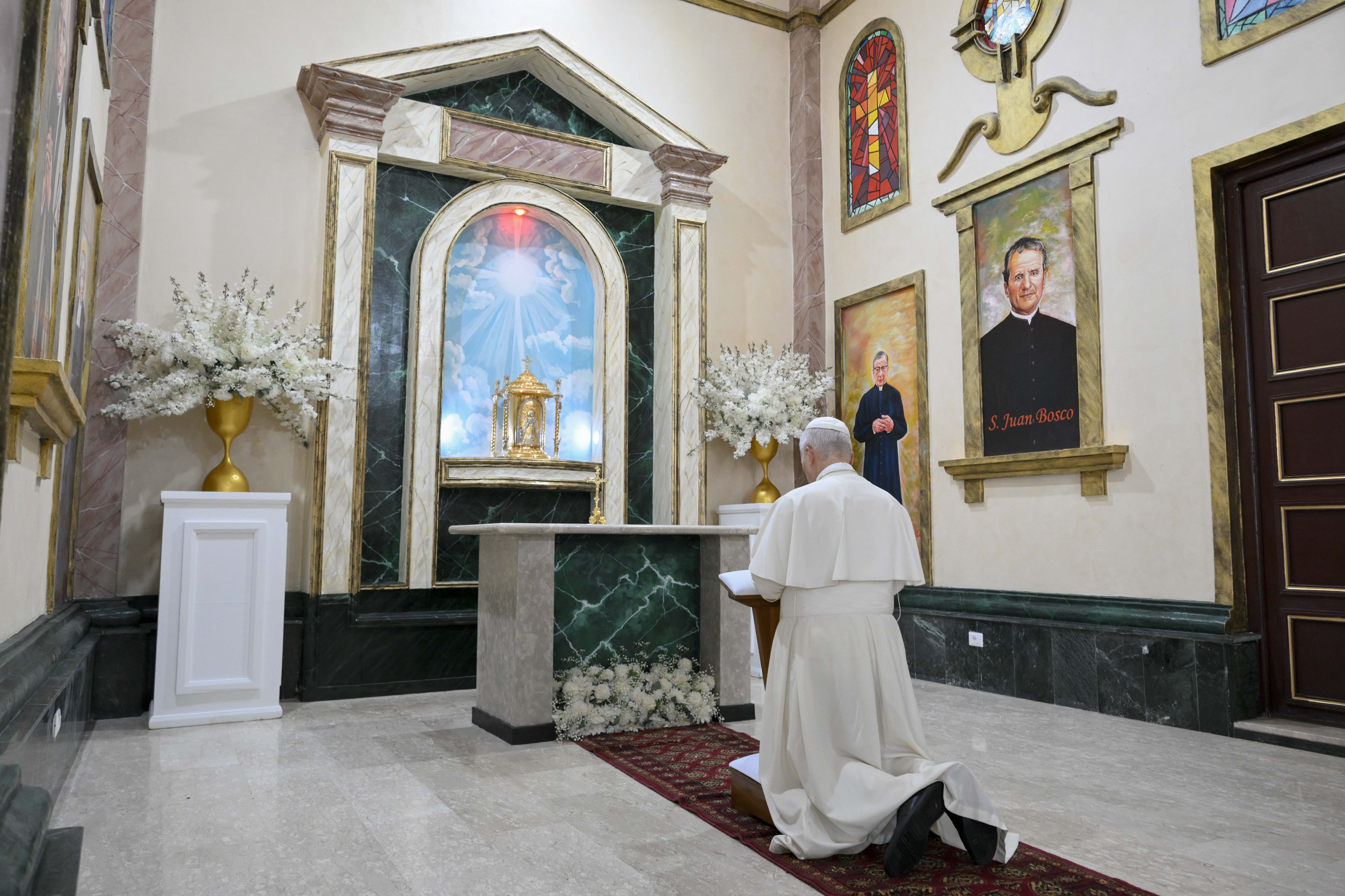 Pope Leo XIV prays at the Cathedral of St. James and Our Lady of the Pillar in Bata, Equatorial Guinea, Wednesday, April 22, 2026. | Credit: Vatican Media