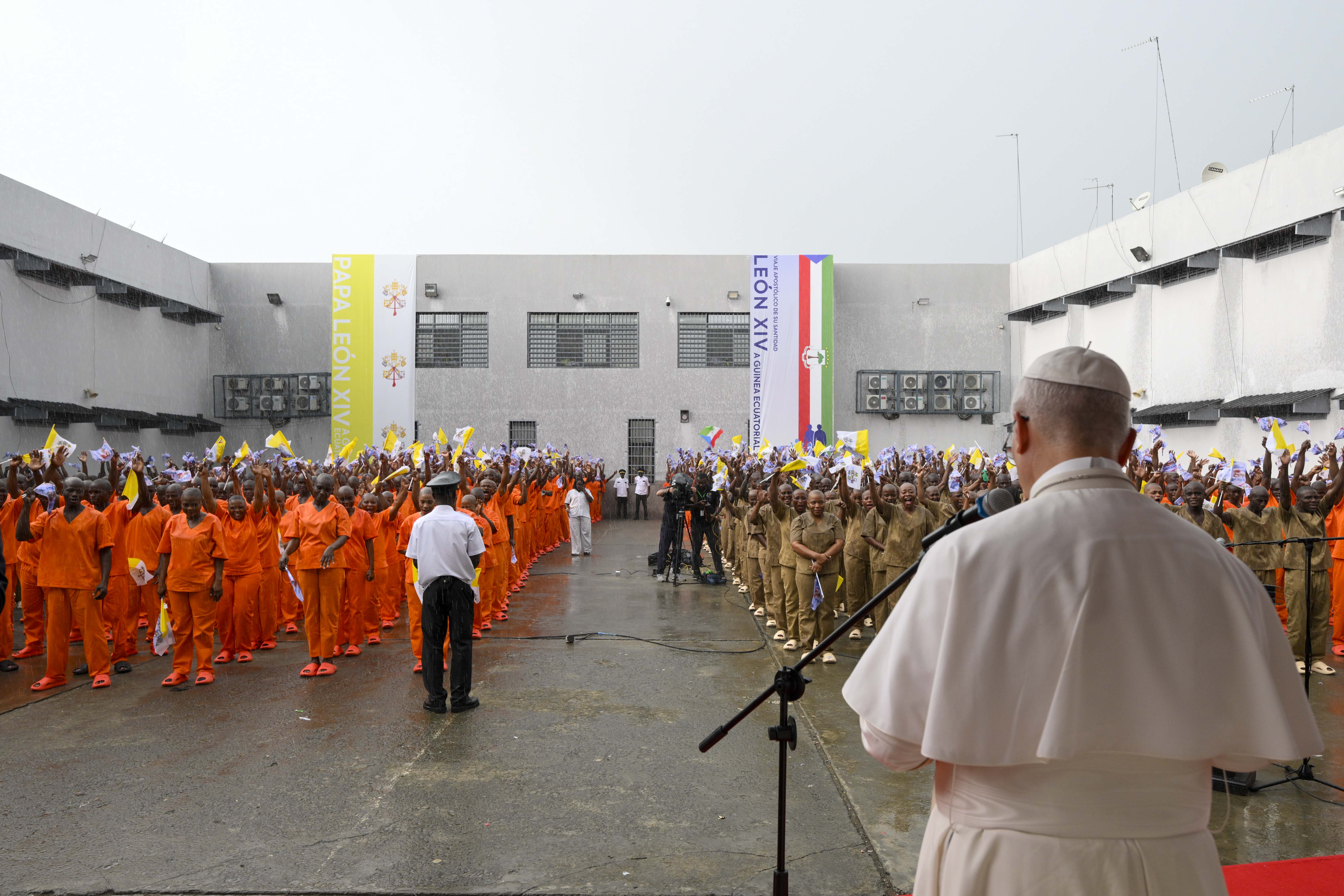 Pope Leo XIV speaks to prisoners at Bata Prison, Equatorial Guinea, Wednesday, April 22, 2026. | Credit: Vatican Media
