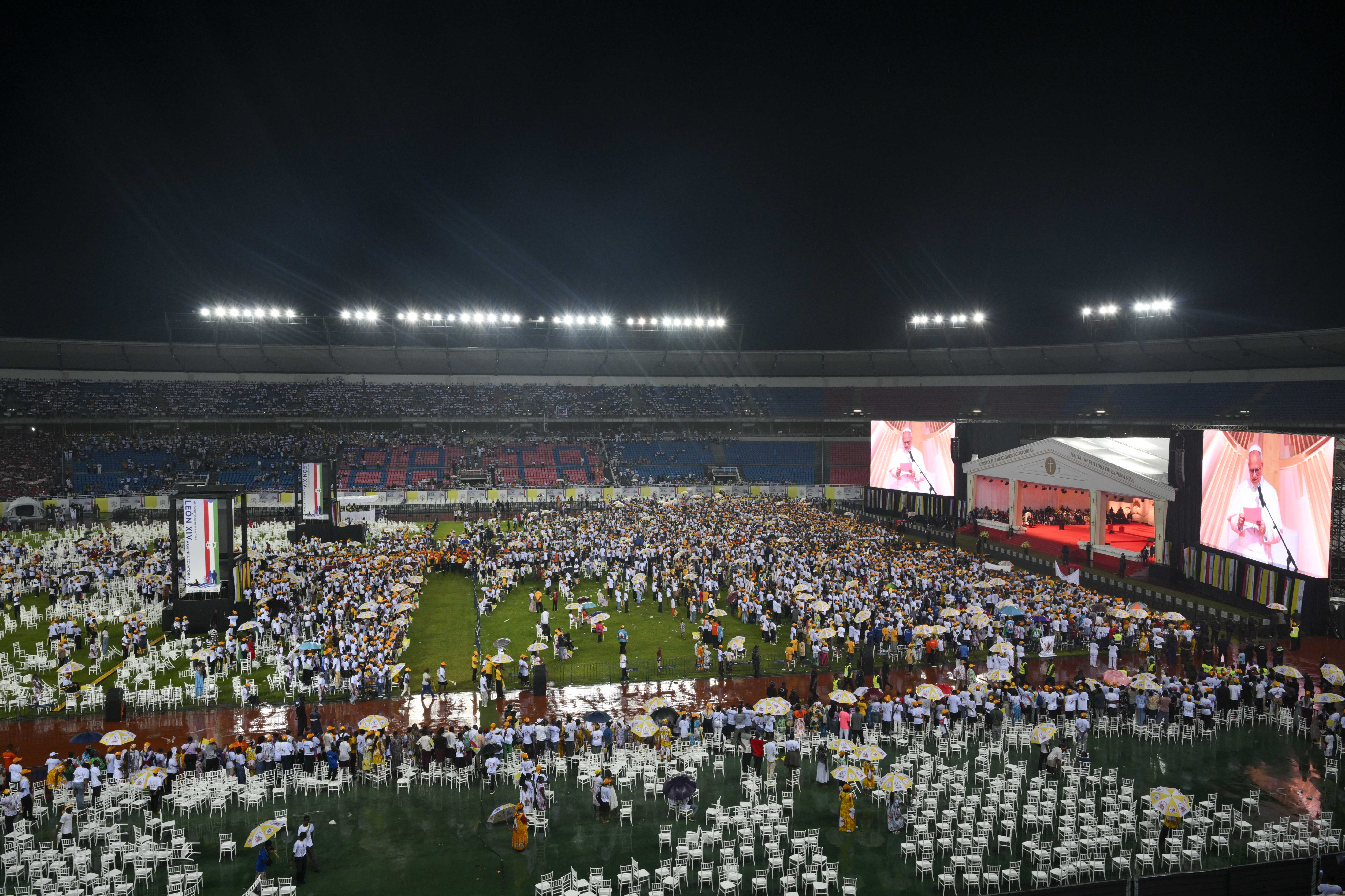 A crowd of families assembles during a meeting with Pope Leo XIV at Bata Stadium in Equatorial Guinea, Wednesday, April 22, 2026. | Credit: Vatican Media