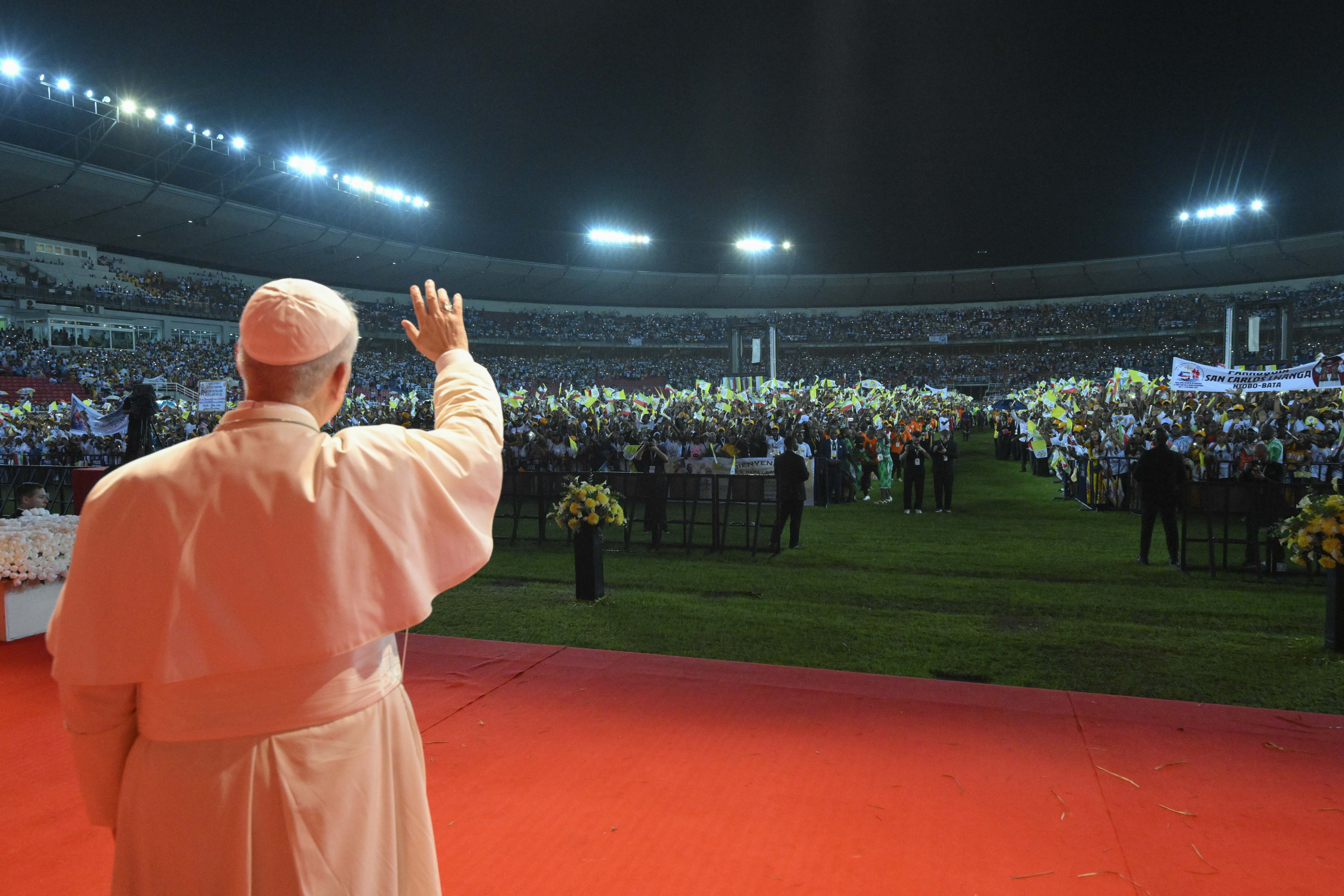 Pope Leo XIV waves to the crowd at a meeting with families at Bata Stadium in Equatorial Guinea, Wednesday, April 22, 2026. | Credit: Vatican Media