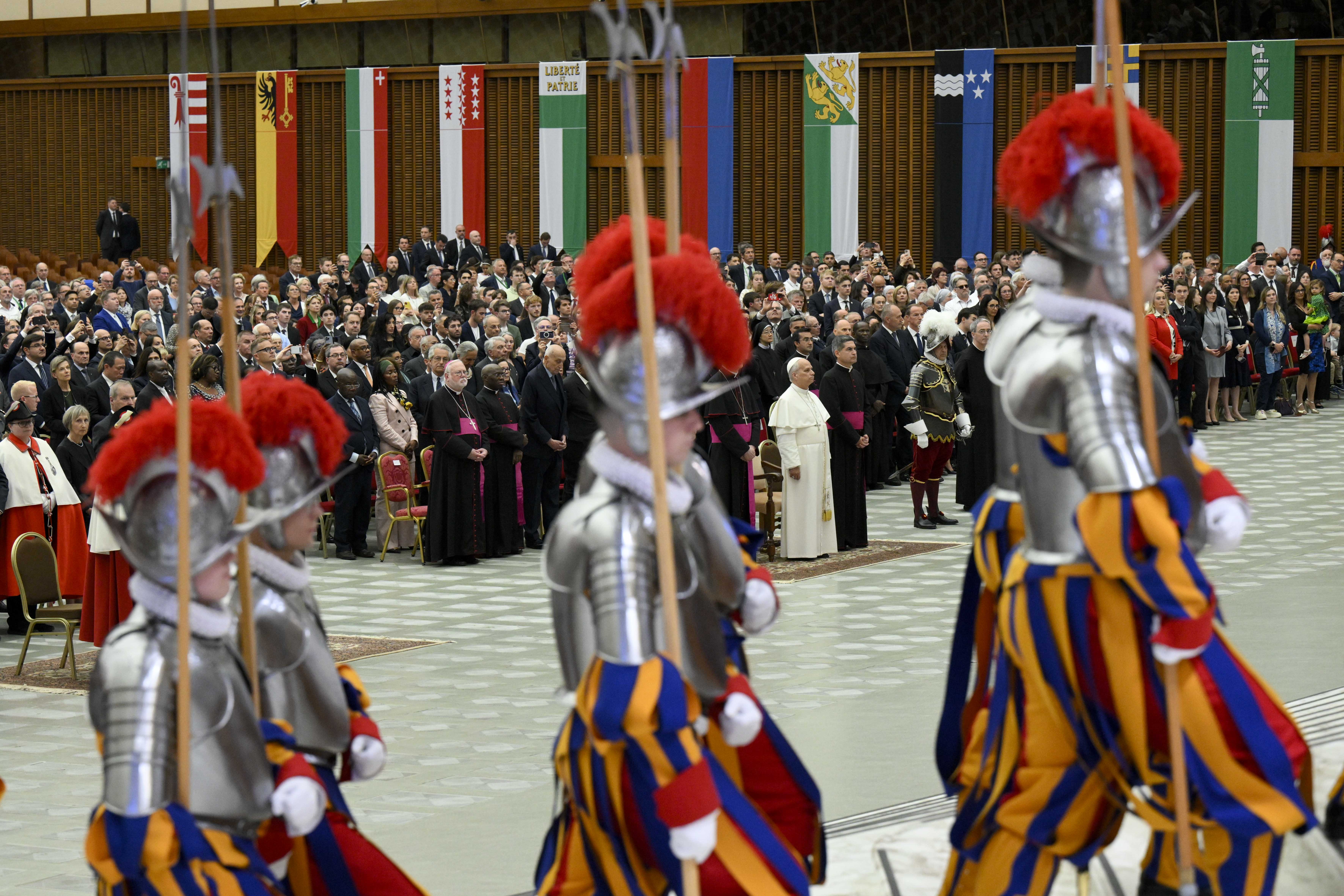 Pope Leo XIV welcomes the Swiss Guard in a ceremony for recruits on May 6, 2026. | Credit: Vatican Media