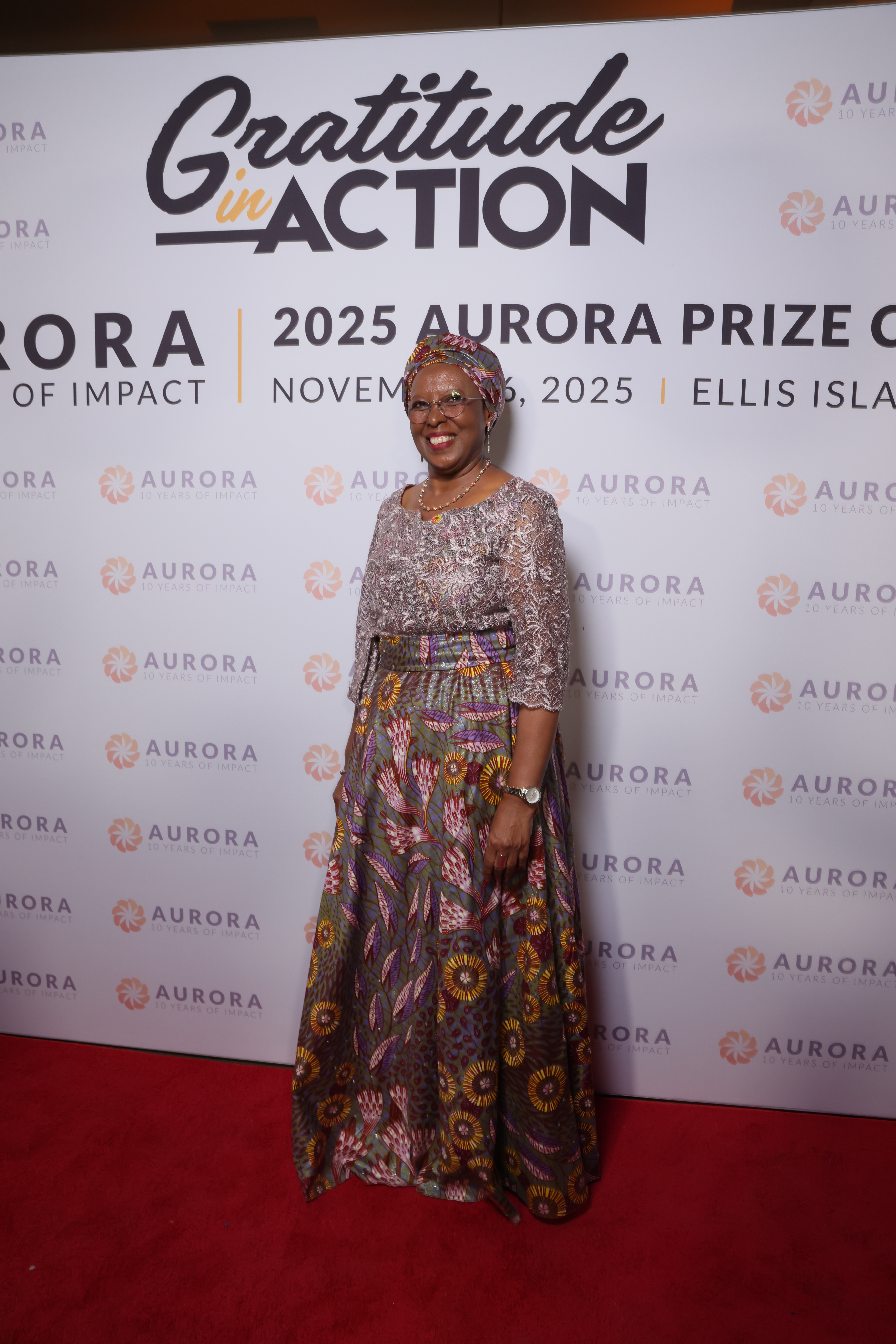 Marguerite Barankitse at the 2025 Aurora Prize Ceremony in Ellis Island, New York, on Nov. 6, 2025. | Credit: Photo courtesy of Aurora Humanitarian Initiative