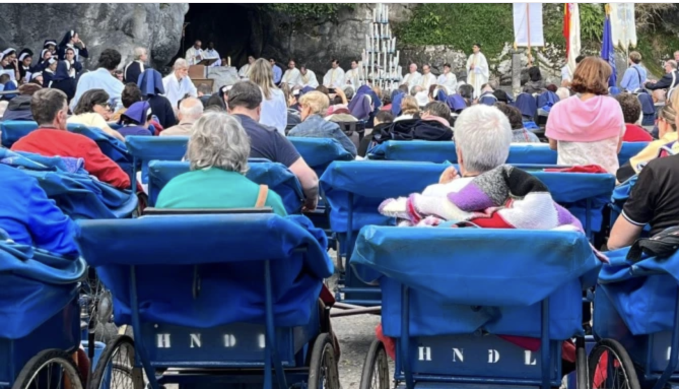 Peregrinos asisten desde los icónicos carros azules a la Misa en la gruta del Santuario de Lourdes (Francia). |. Crédito: Cedida por Ana Melgar