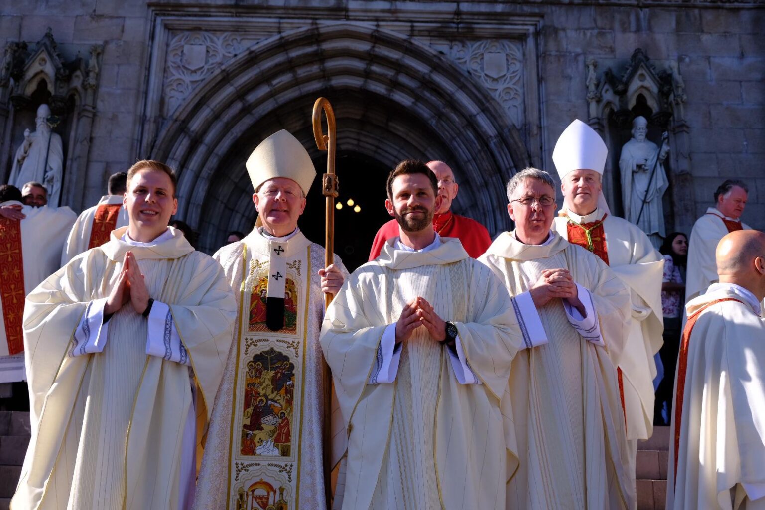Archbishop Eamon Martin of Armagh and Auxiliary Bishop Michael Router pose with newly ordained priests: Father Gabriel Neal, Father Jacek Tuszkiewicz, and Father Paul O&rsquo;Reilly, on May 9, 2026, Armagh, Ireland. | Credit: Archdiocese of Armagh