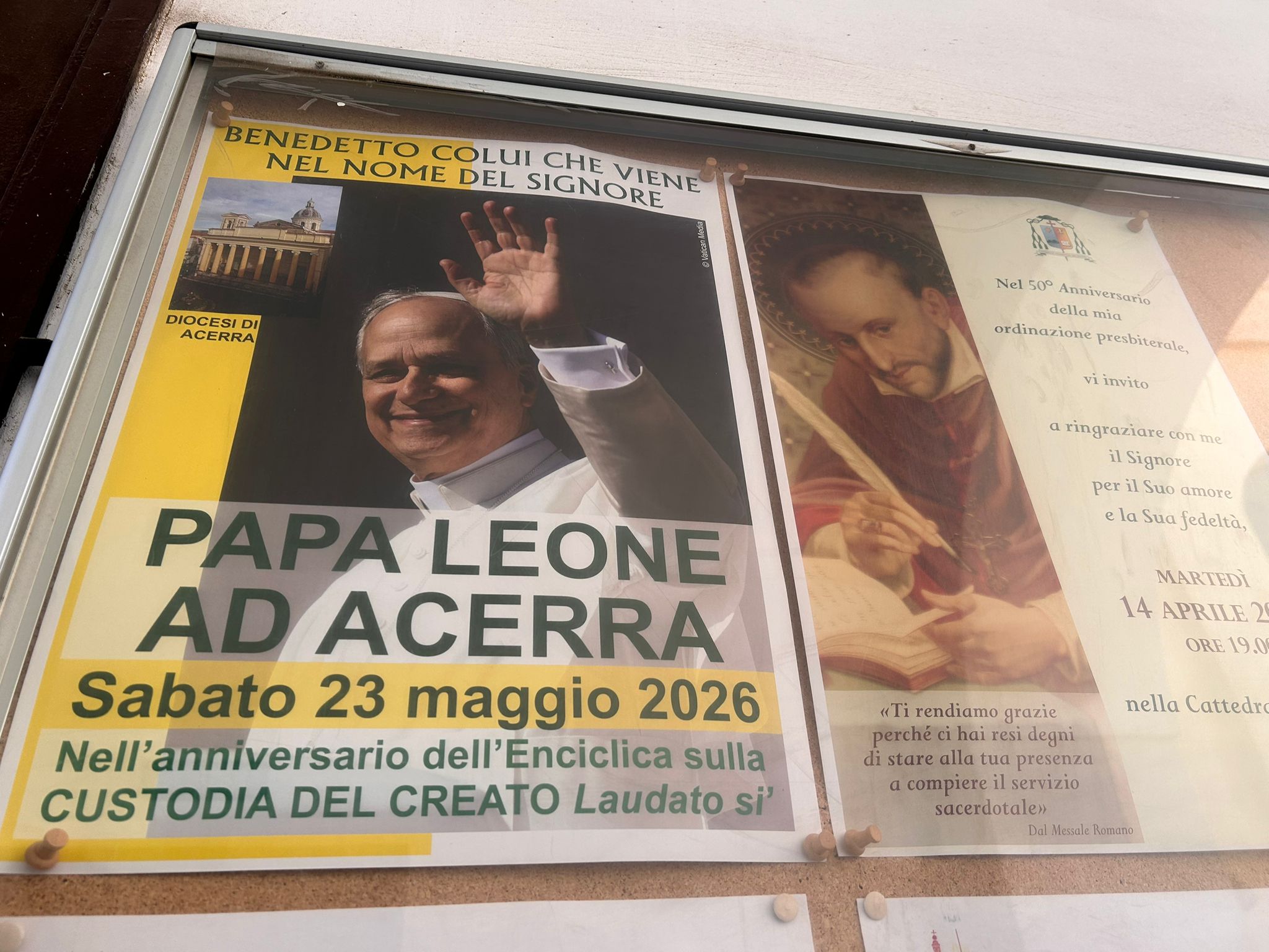 A poster in Acerra, Italy, announces Pope Leo XIV's visit to the city on May 23, 2026. Acerra is part of the so-called 