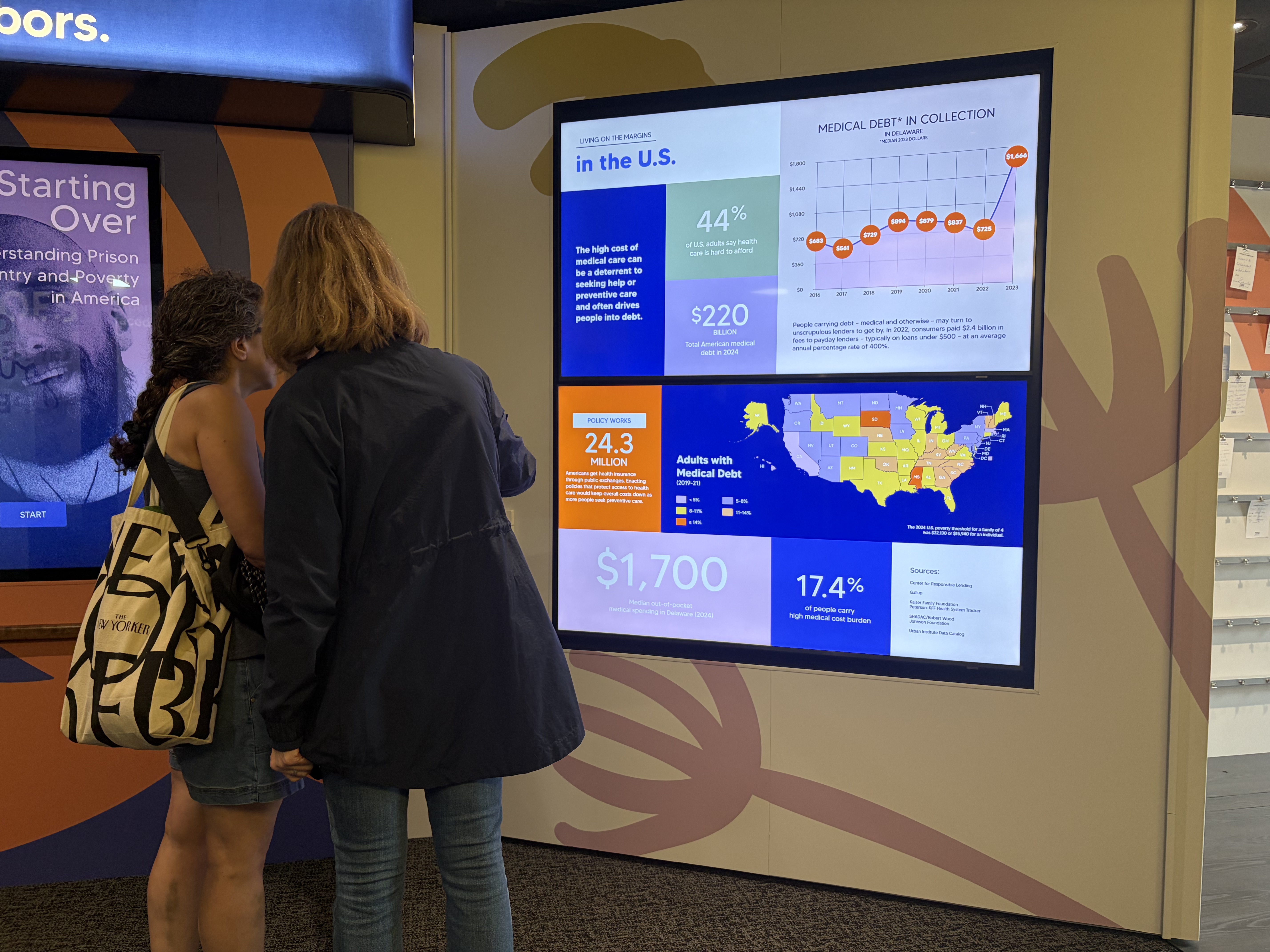 Women observe data on medical debt in exhibit inside the People of Hope Museum in Washington, D.C., May 21, 2026. | Credit: Madalaine Elhabbal/EWTN News