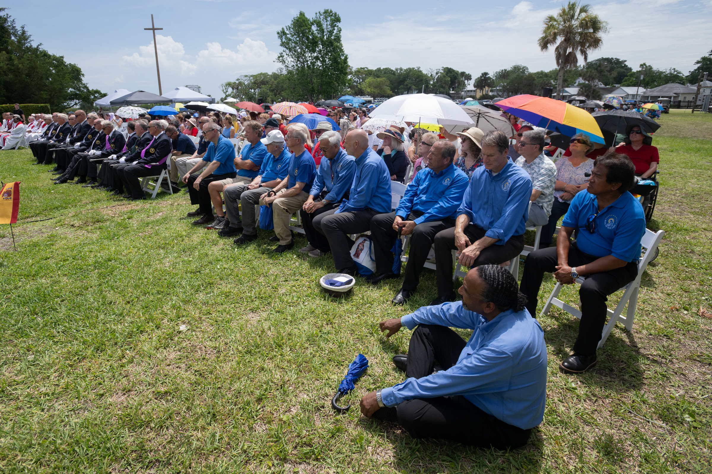 Faithful gather on the grounds of the National Shrine of Our Lady of La Leche at Mission Nombre de Dios on the opening day of the National Eucharistic Pilgrimage on Pentecost Sunday, May 24, 2026, in St. Augustine, Florida. | Credit: Jeffrey Bruno