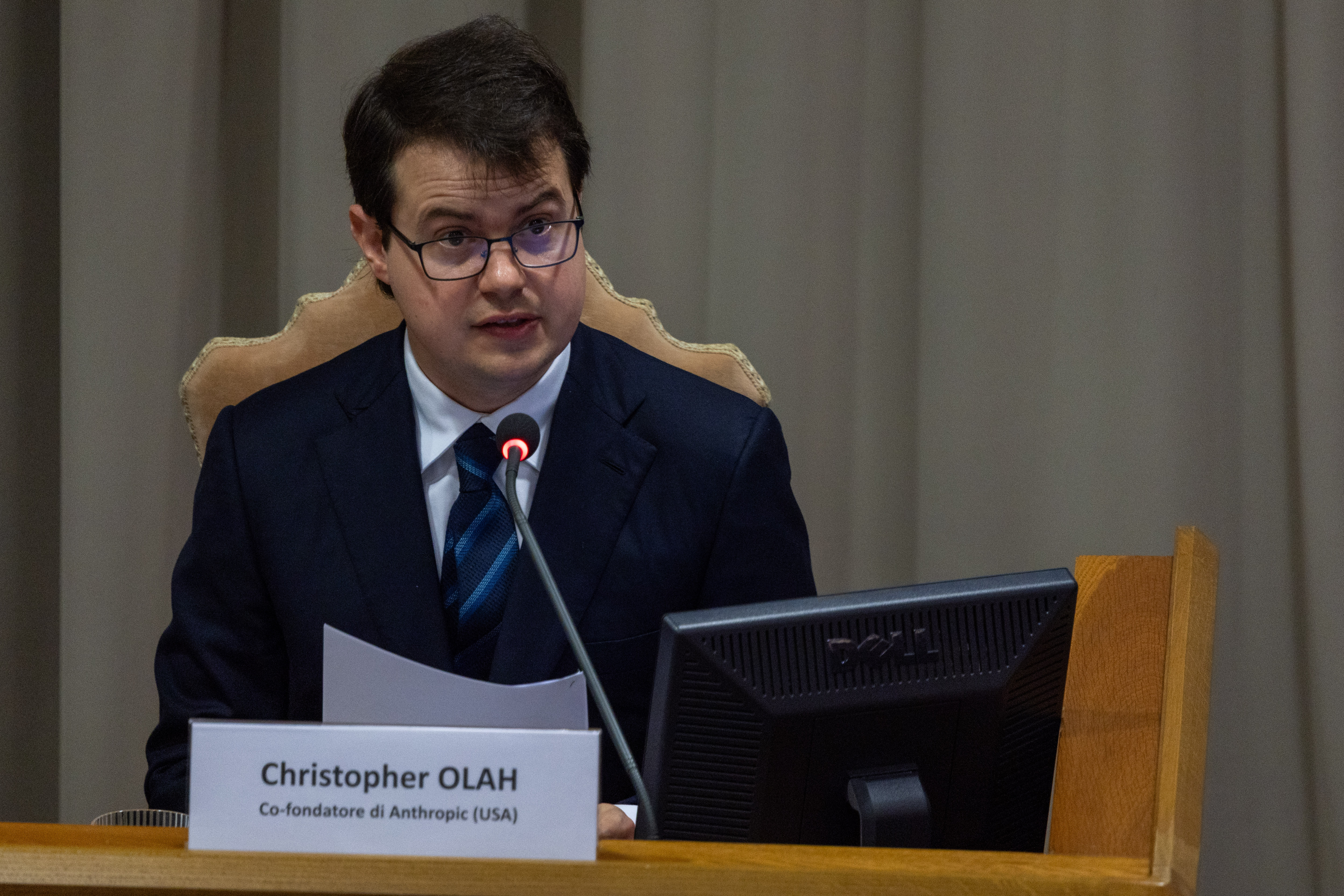 Christopher Olah, co-founder of AI company Anthropic, says he is grateful to Pope Leo XIV and the Church for “taking up this work of discernment” on artificial intelligence, during his address at the presentation of the encyclical Magnifica Humanitas on May 25, 2026, in the Synod Hall of the Vatican. | Credit: Daniel Ibáñez/EWTN News/Vatican Pool