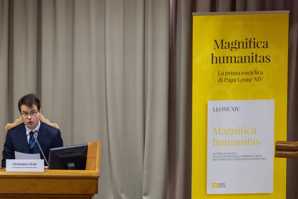 Anthropic co-founder Christopher Olah speaks during the presentation of the encyclical Magnifca Humanitas on May 25, 2026, in the Synod Hall at the Vatican. | Credit: Daniel Ibáñez/EWTN News