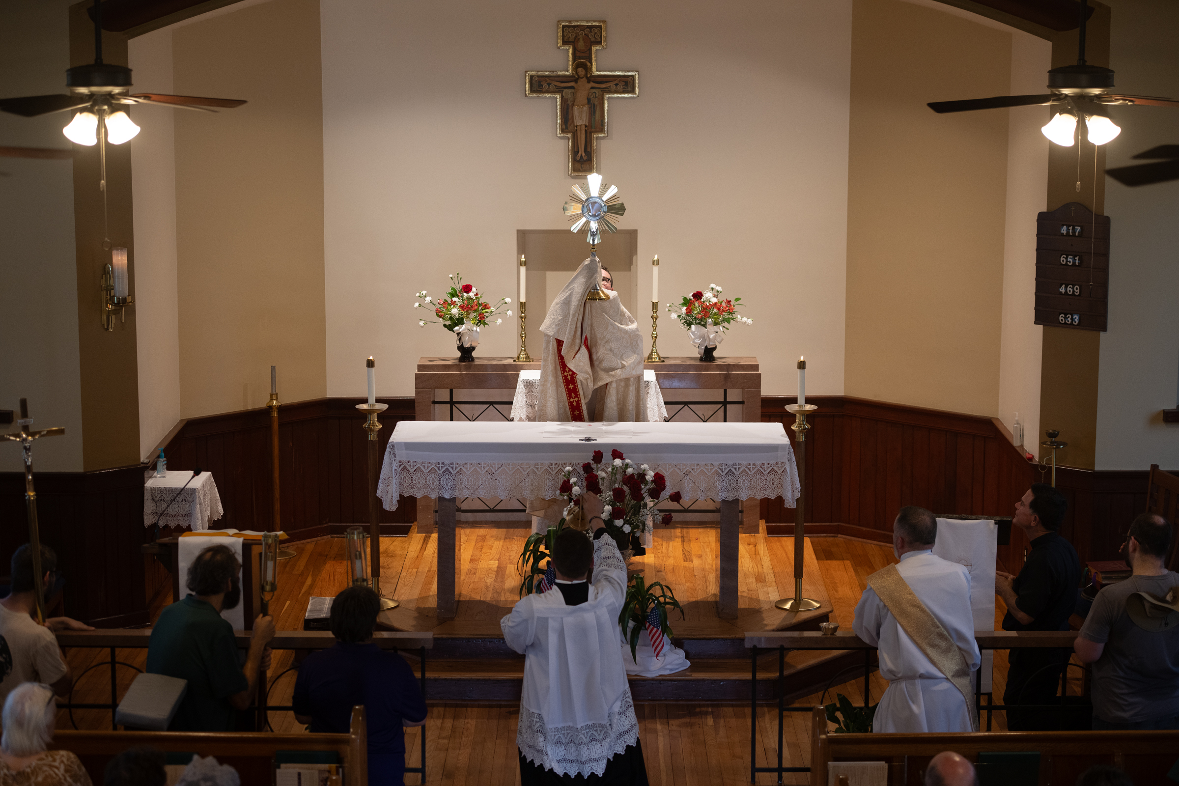 Father Liam Hosty raises the monstrance during Benediction at Nativity of Our Lady Catholic Church in Darien, Georgia, on May 26, 2026. | Credit: Jeffrey Bruno