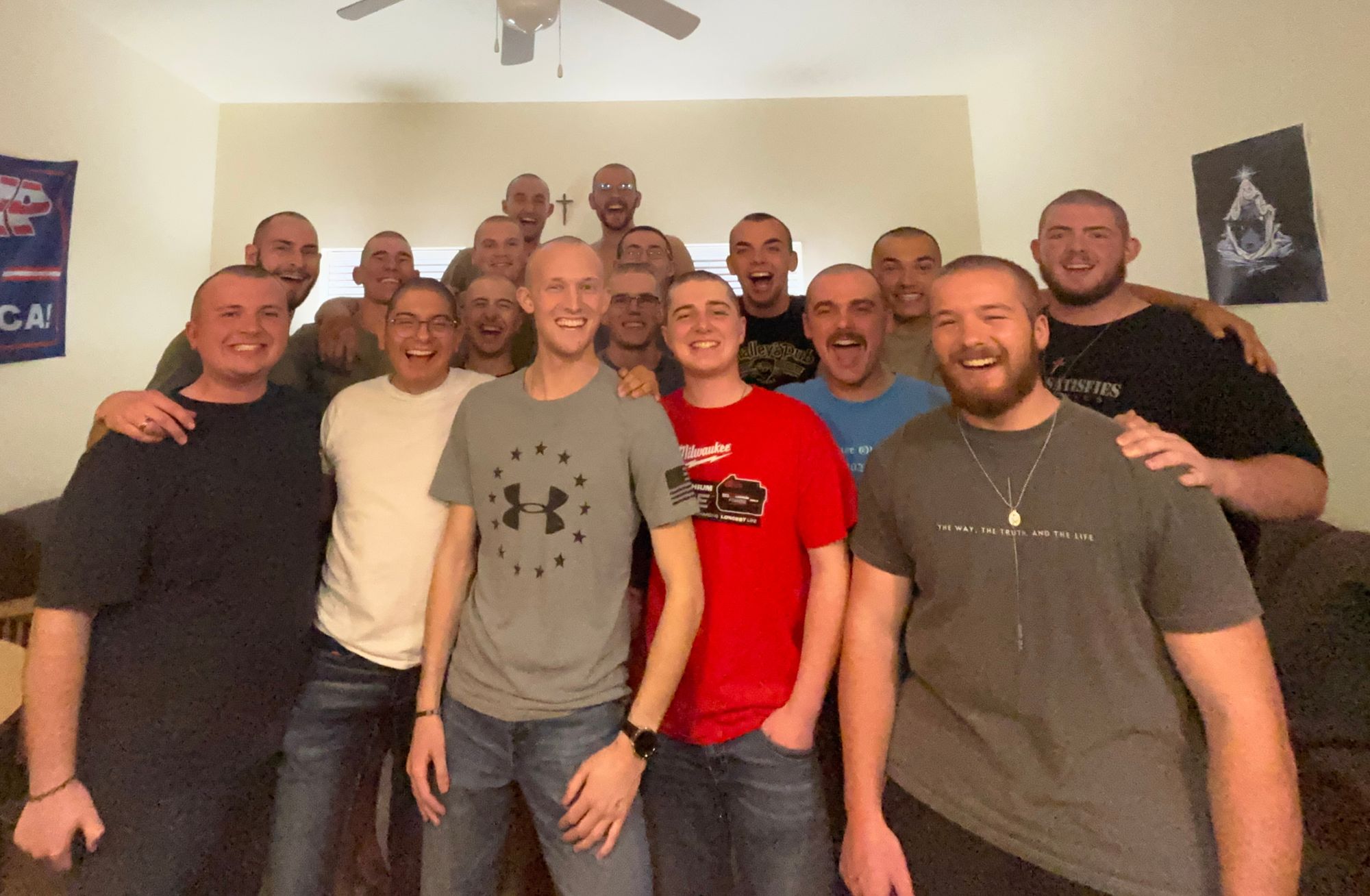 Benedictine College students shaved their heads in solidarity with Alex Lynch, center, as he went through chemotherapy. Also pictured: Finnegan Ritchie, back row, left, and Jack Figge, third row, third from left. | Credit: Photo courtesy of Finnegan Ritchie