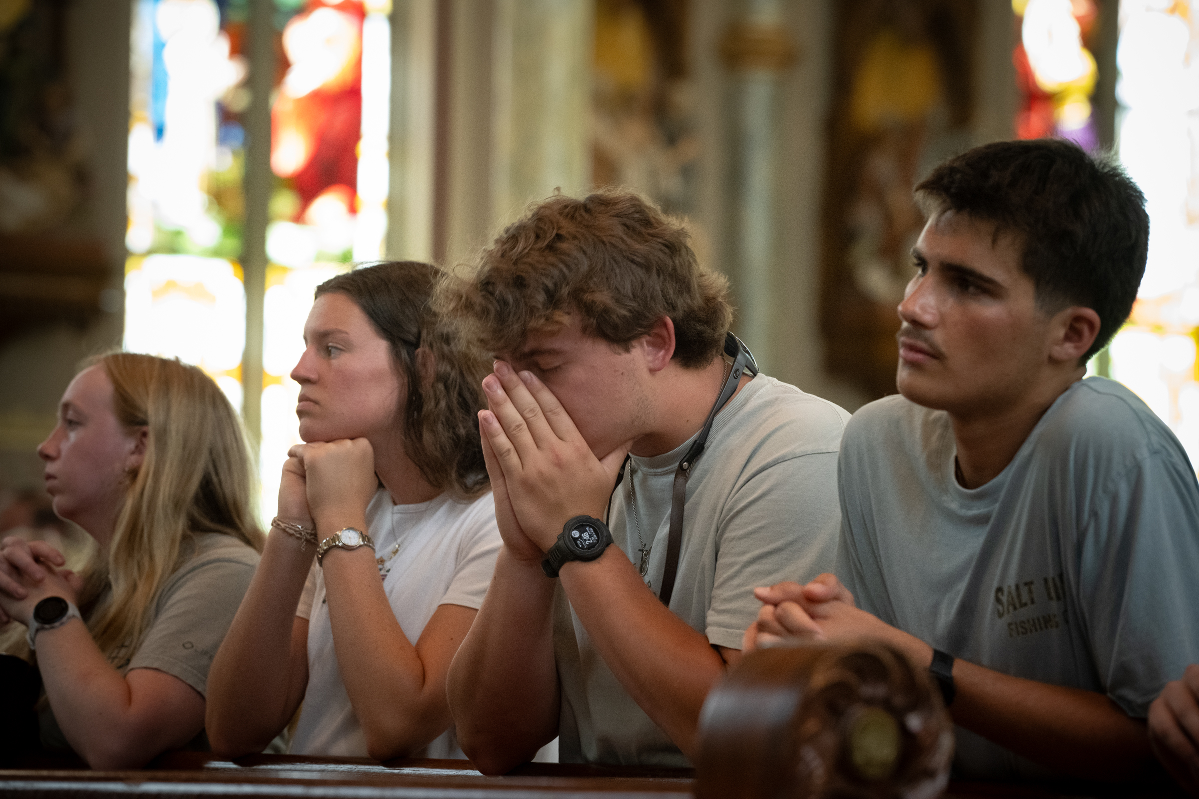 Worshippers pray inside the Cathedral Basilica of St. John the Baptist following a Eucharistic procession through downtown Savannah, Georgia, on May 27, 2026. | Credit: Jeffrey Bruno
