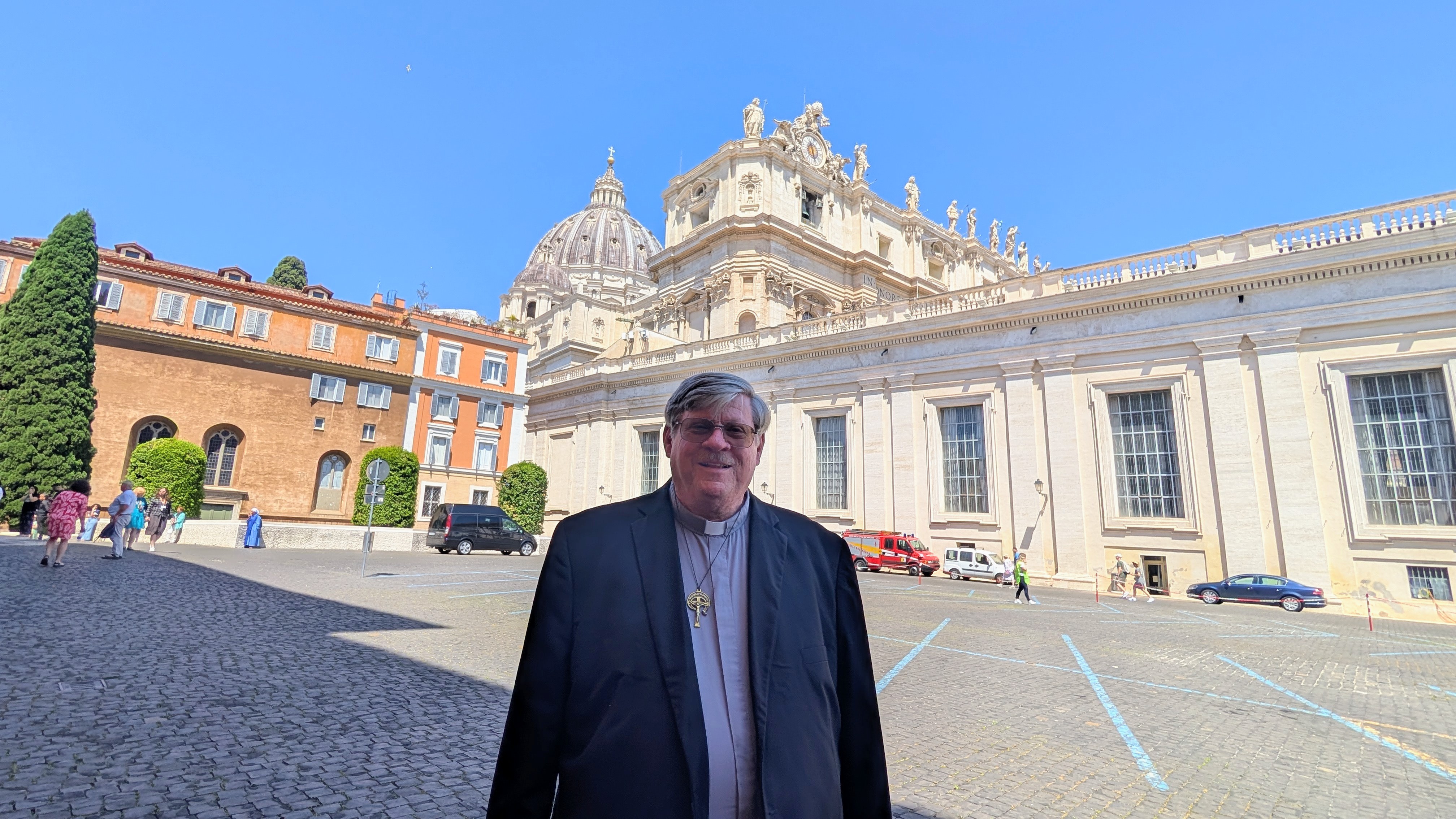 Deacon Darrell Wentworth, president and CEO of Evangelize America Inc. stands outside St. Peter's Basilica at the Vatican on May 30, 2026. | Credit: Ishmael Adibuah/EWTN News