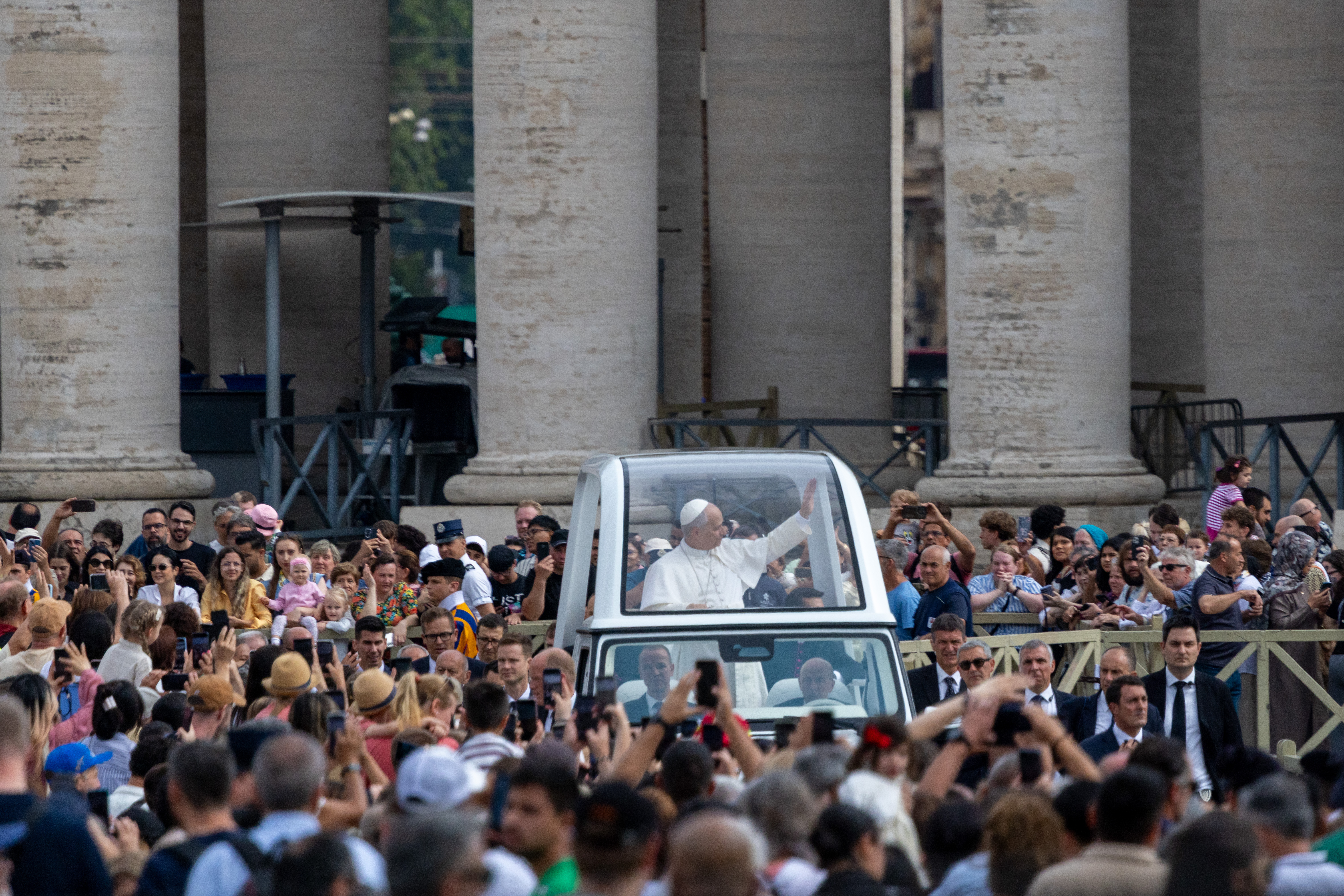 Pope Leo XIV waves from the popemobile during the general audience in Saint Peterʼs Square on June 3, 2026. | Credit: Daniel Ibanez/EWTN News