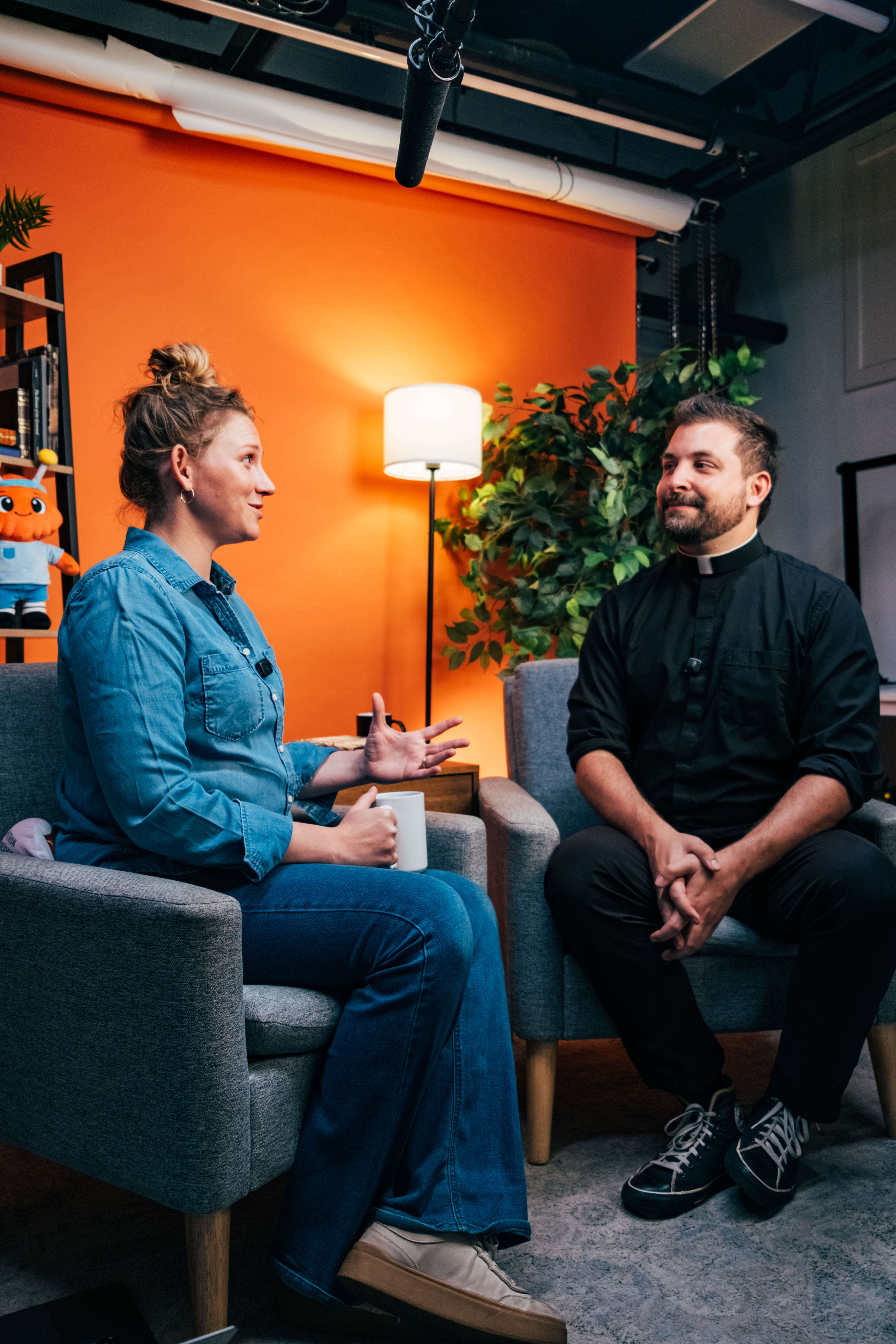Julia Jacks and Father Tim Anastos record a video for the 30 Days to an Intentional Catholic Summer program from Spirit Juice Kids. | Credit: Spirit Juice Kids + Juice Box