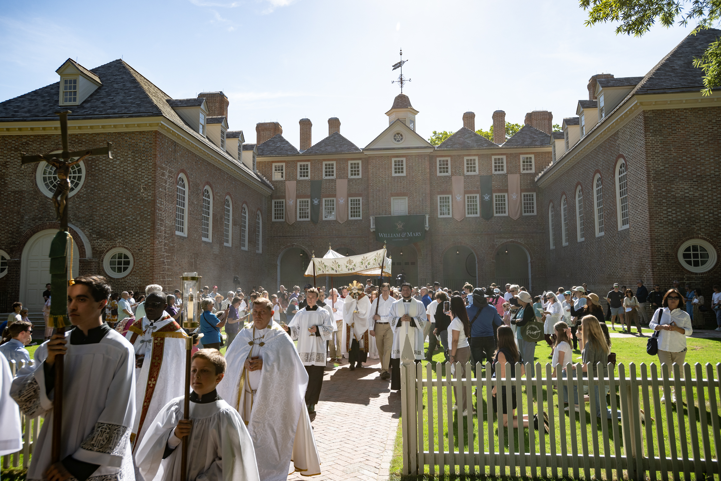 The Eucharist is carried during a Eucharistic procession in Williamsburg, Virginia, June 5, 2026. The event was part of the National Eucharistic Pilgrimage traveling up the Eastern Seaboard. | Credit: Jeffrey Bruno / EWTN News