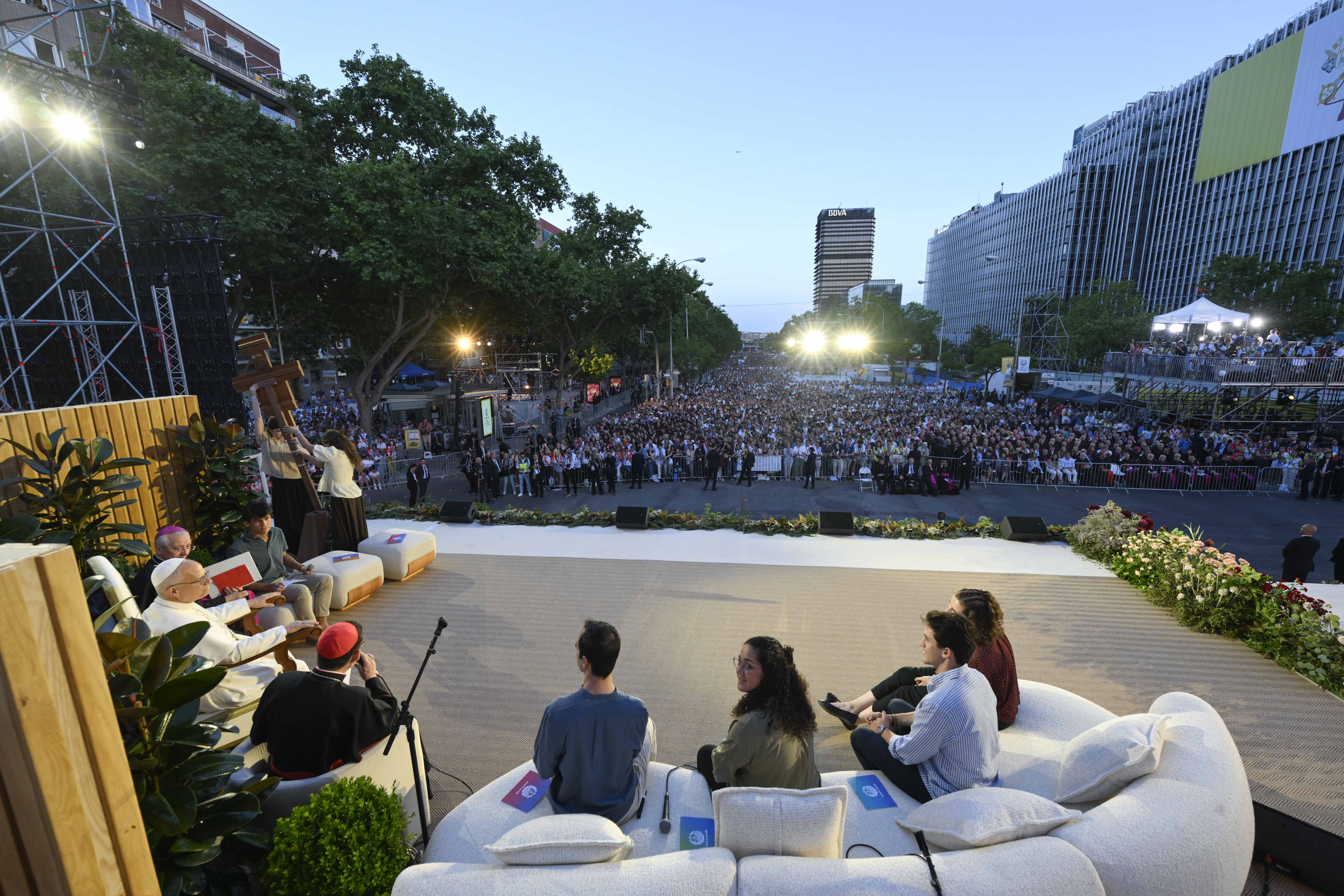 Pope Leo XIV speaks with young people at Madridʼs Plaza de Lima, June 6, 2026. The Holy Father began his six-day apostolic visit to Spain meeting with the countryʼs royalty and civil leaders along with hundreds of thousands of youth. | Credit: Vatican Media