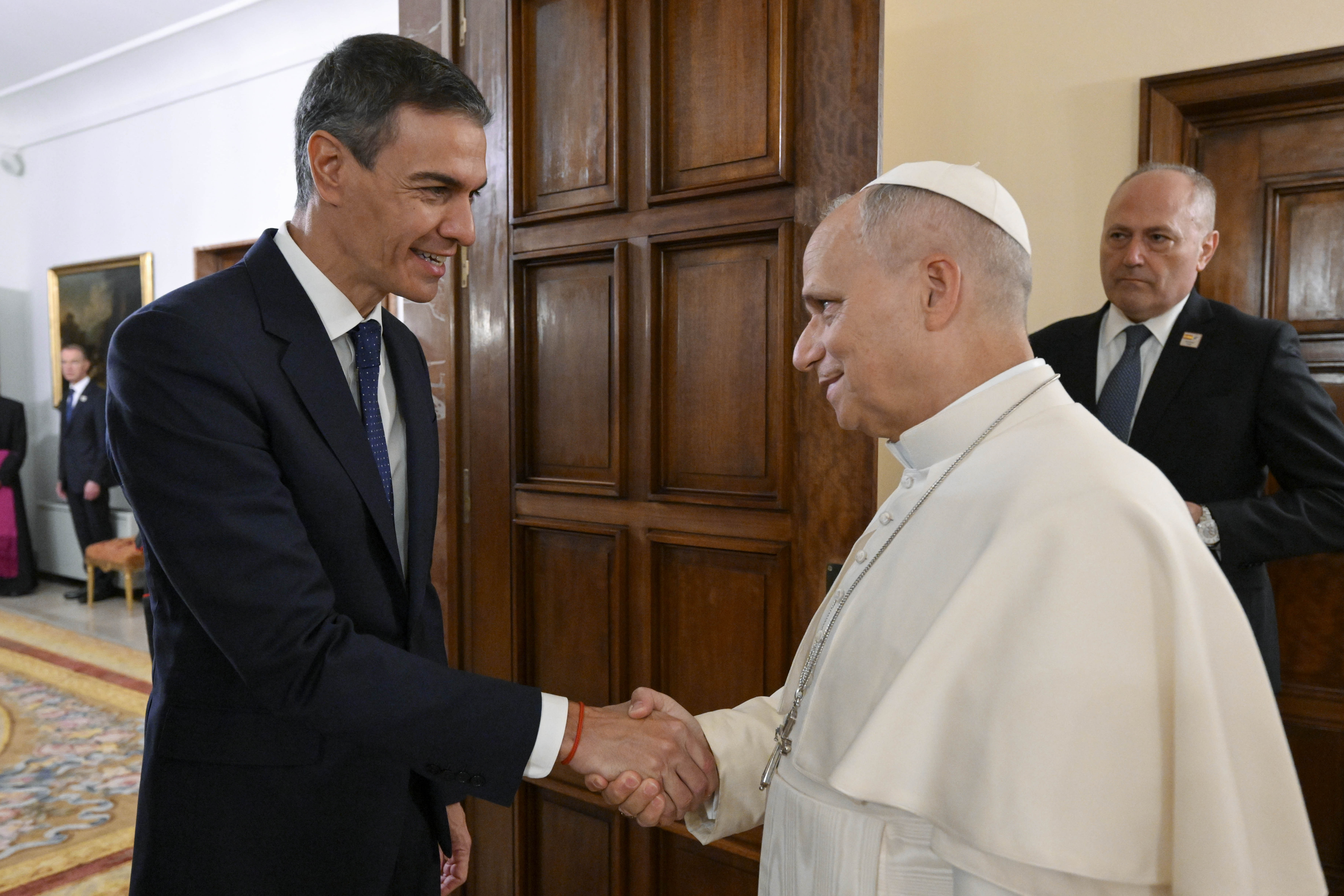 Pope Leo XIV meets Spanish Prime Minister Pedro Sánchez Pérez-Castejón in Madrid on June 8, 2026. | Credit: Vatican Media