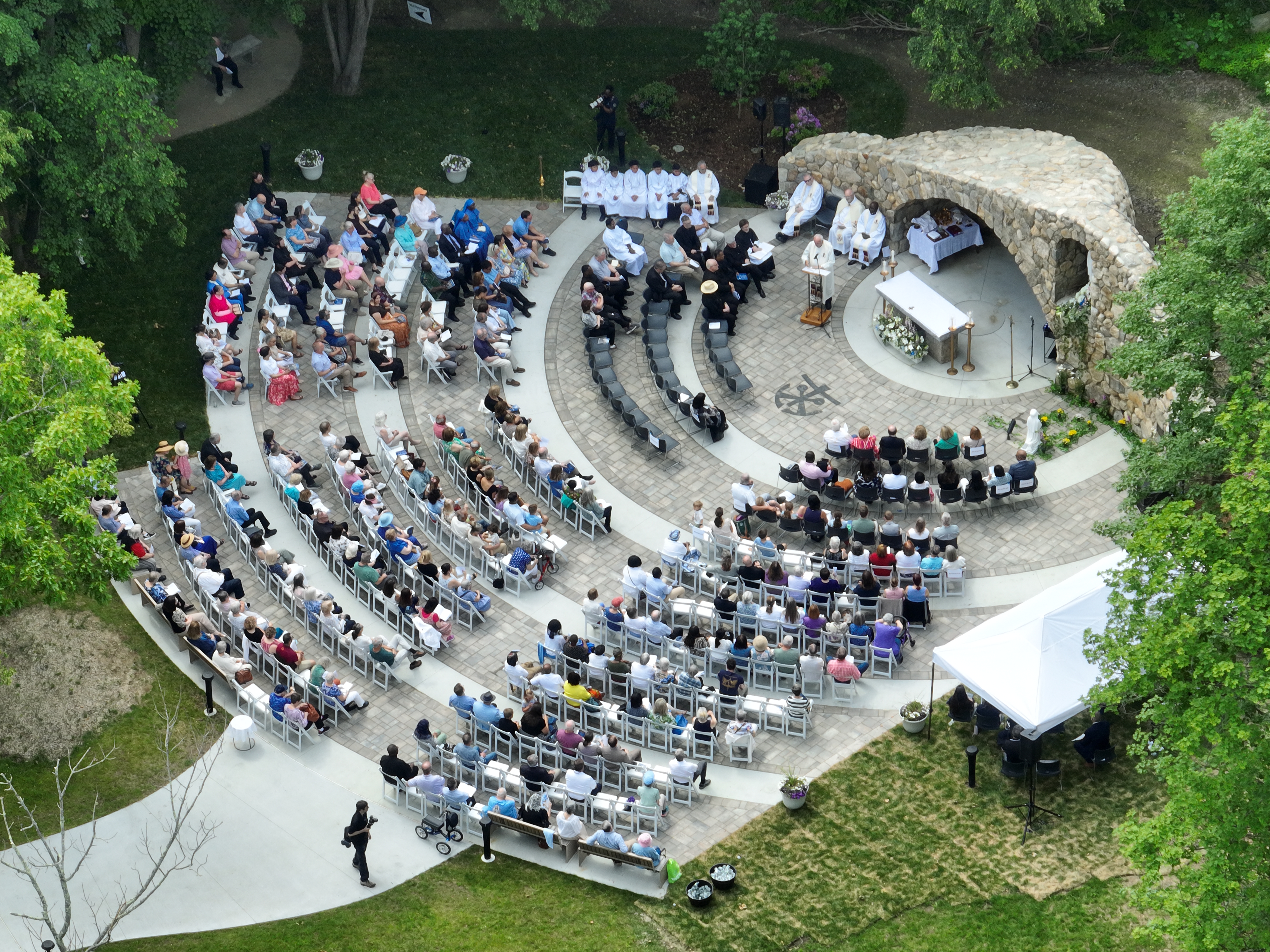 The opening Mass and family rosary took place at the grotto, styled after the Lourdes grotto in France, at the Father Peyton Center. | Credit: Photo courtesy of Holy Cross Family Ministries