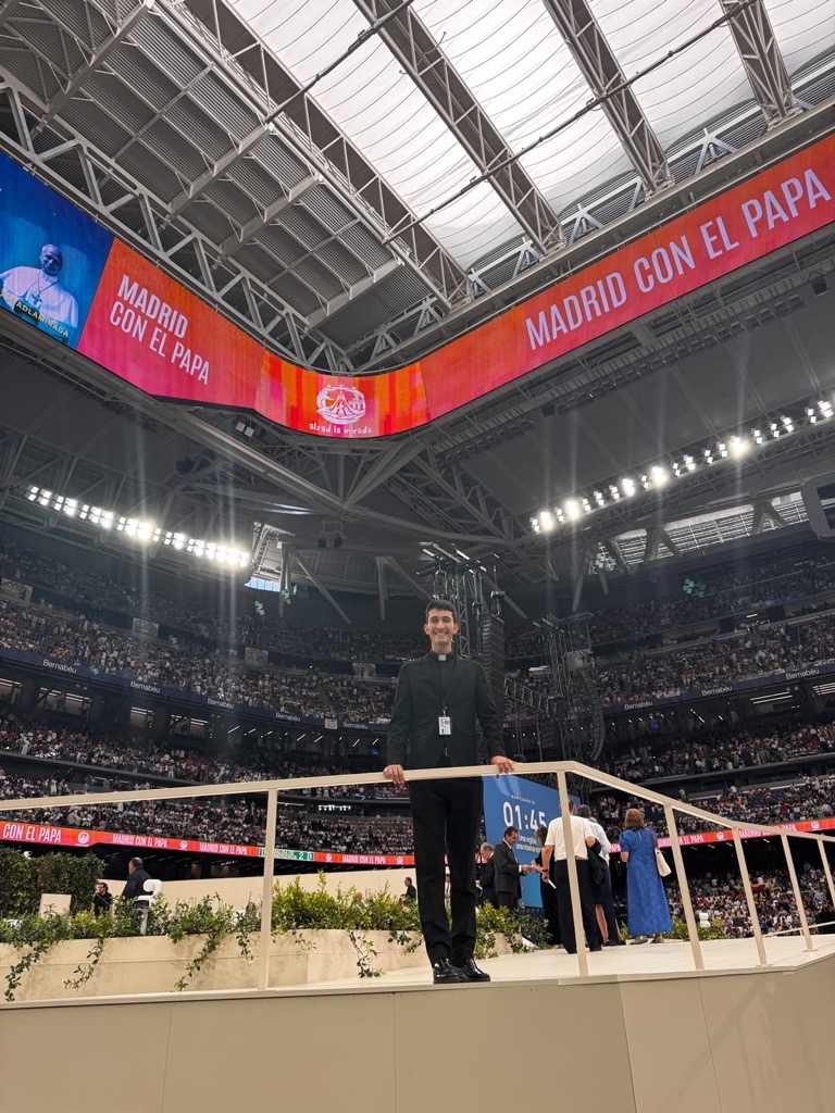 Father Antonio Sánchez at Bernabéu Stadium on June 8, 2026. | Credit: Courtesy of Fr. Antonio Sánchez.