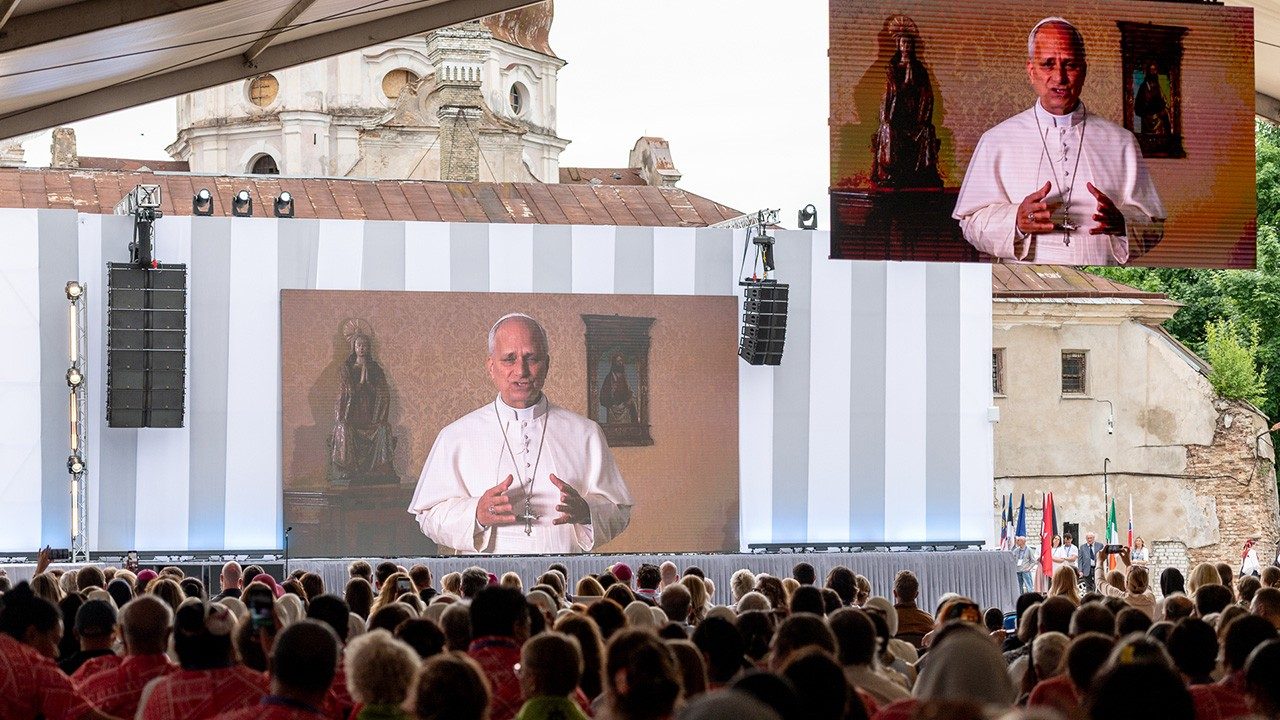 Pope Leo XIV addresses participants by video message during the opening of the sixth World Apostolic Congress on Mercy in Vilnius, Lithuania, on June 7, 2026. | Credit: Evgenia Levin