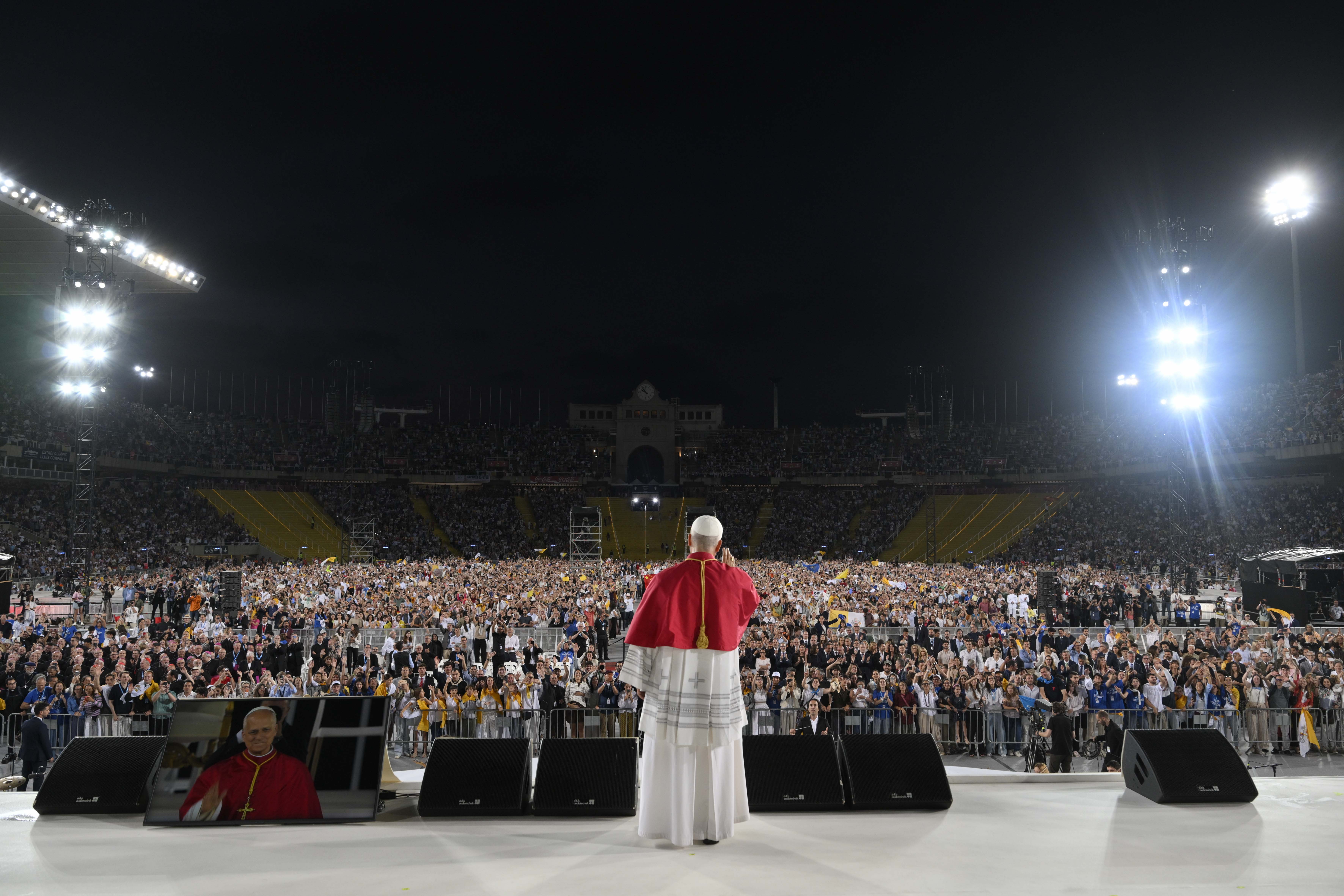 Pope Leo XIV participates in a prayer vigil at Lluís Companys Olympic Stadium in Barcelona, Spain, June 9, 2026. The Holy Father's weeklong trip to Spain includes visits to historic Catholic sites and a trip to the Canary Islands. | Credit: Vatican Media