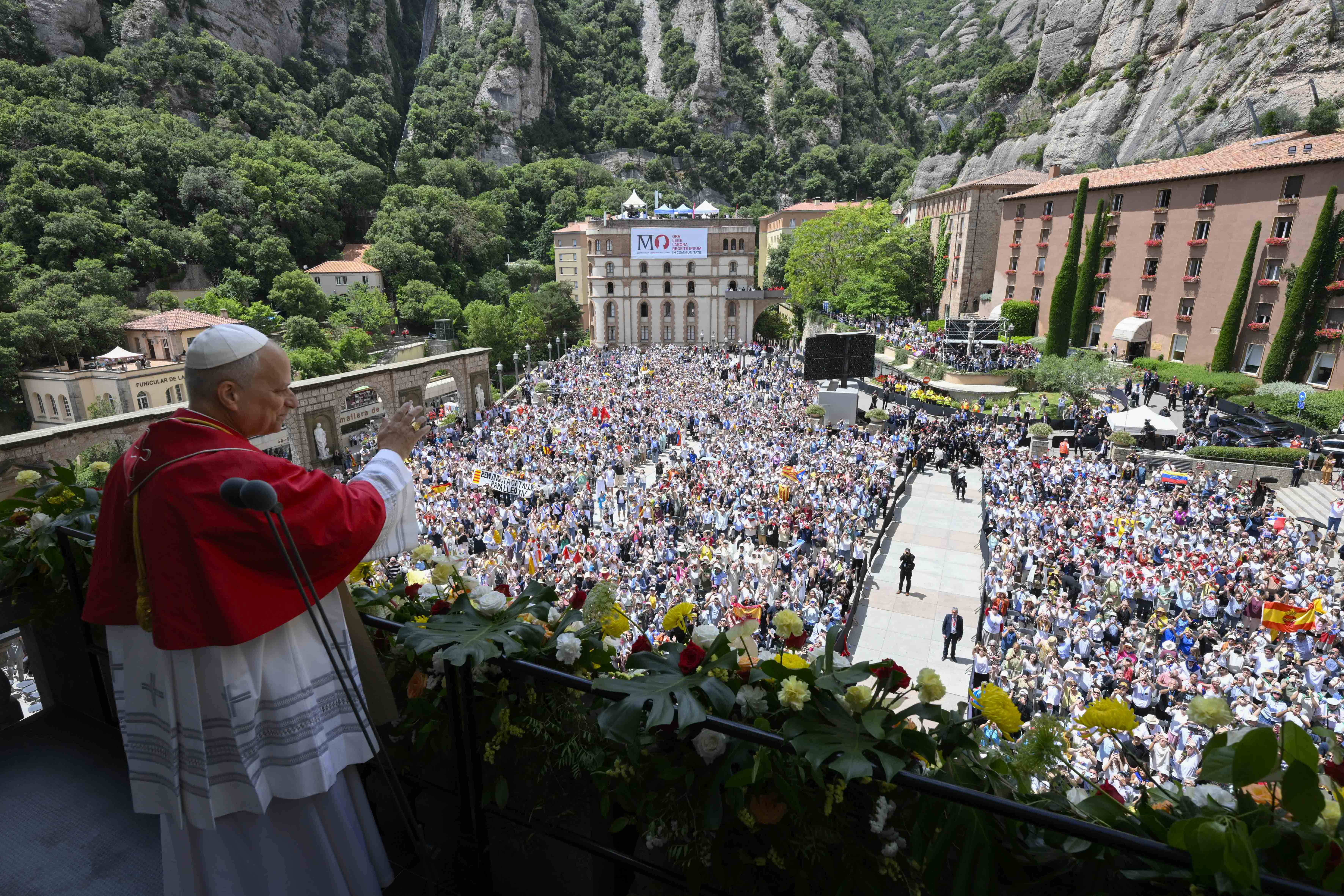 Pope Leo XIV greets crowds at the Abbey of Our Lady of Montserrat, June 10, 2026. The Holy Father's weeklong trip to Spain includes visits to historic Catholic sites and a trip to the Canary Islands. | Credit: Vatican Media