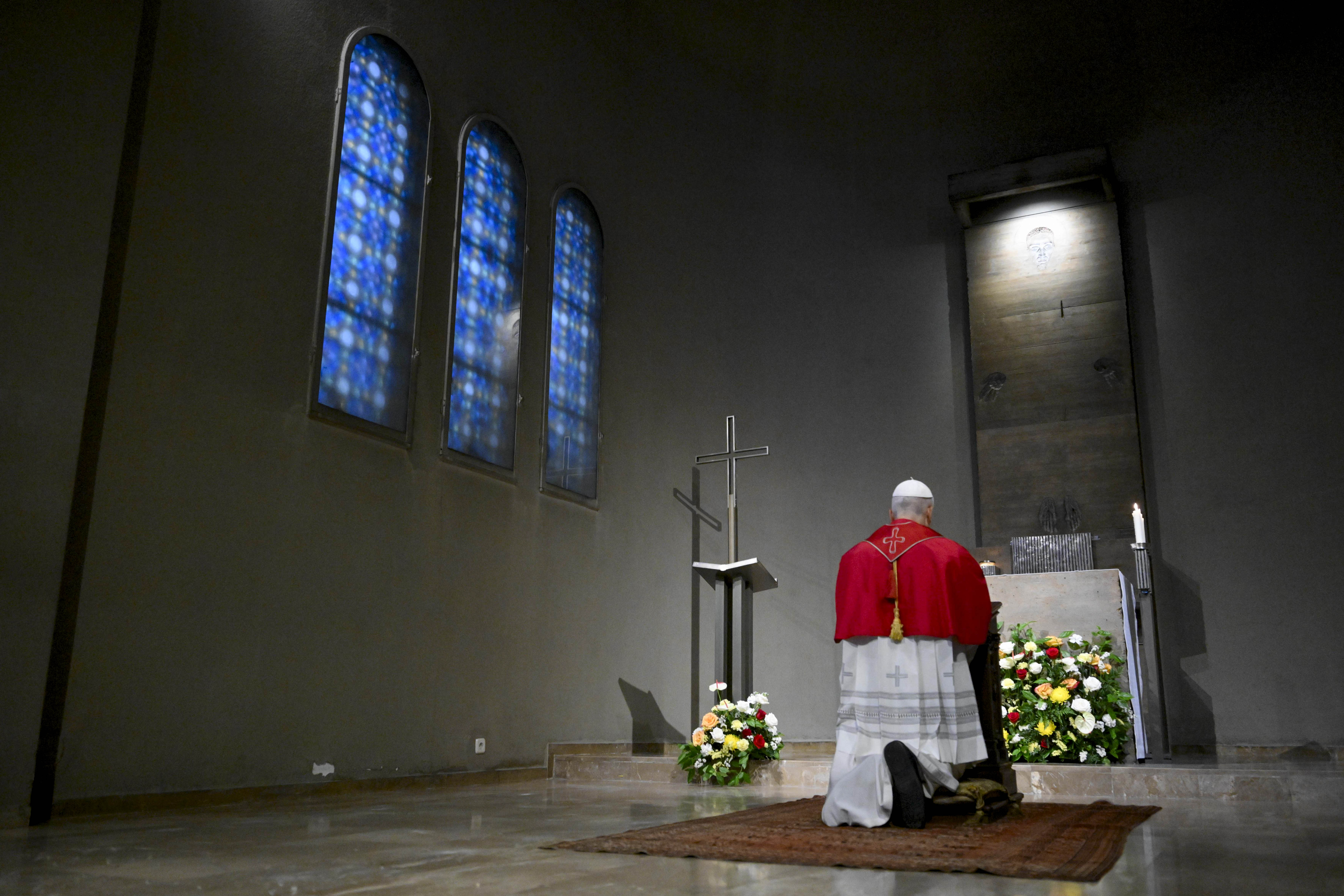 Pope Leo XIV prays at the Abbey of Our Lady of Montserrat, June 10, 2026. The Holy Father's weeklong trip to Spain includes visits to historic Catholic sites and a trip to the Canary Islands. | Credit: Vatican Media