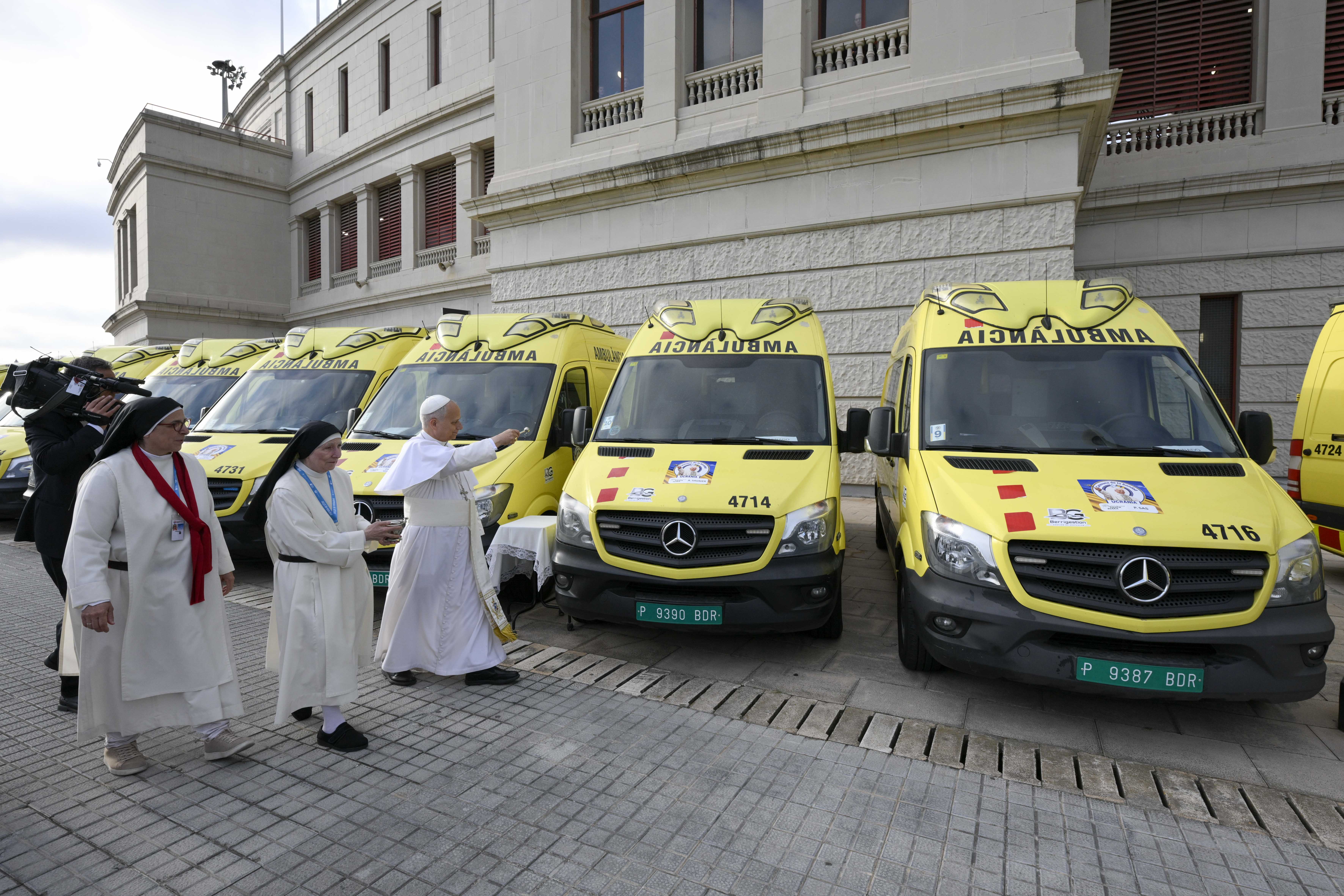 Pope Leo XIV blesses ambulances near Lluís Companys Olympic Stadium in Barcelona, Spain, June 9, 2026. The Holy Father's weeklong trip to Spain includes visits to historic Catholic sites and a trip to the Canary Islands. | Credit: Vatican Media