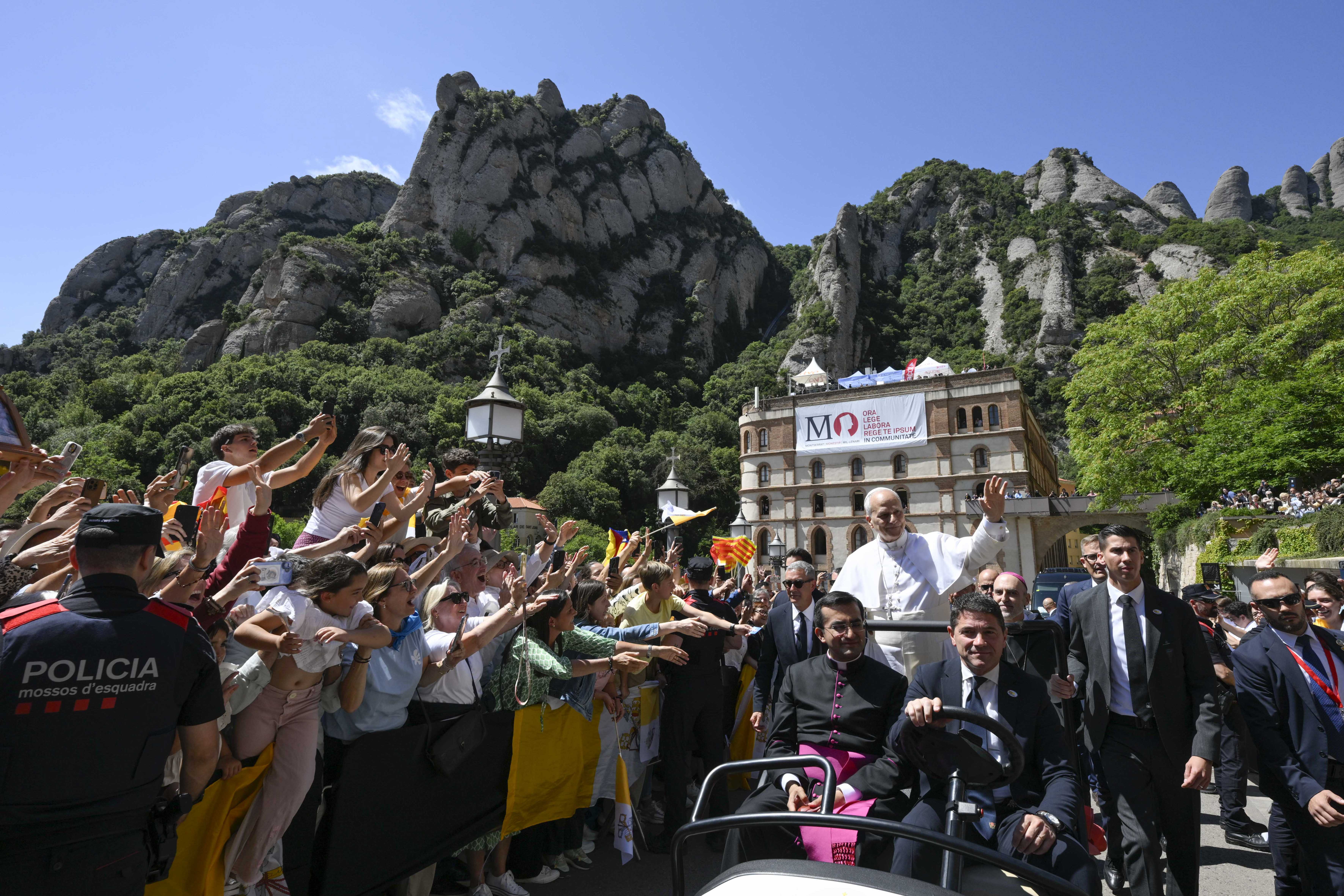 Pope Leo XIV greets crowds at the Abbey of Our Lady of Montserrat, June 10, 2026. The Holy Father's weeklong trip to Spain includes visits to historic Catholic sites and a trip to the Canary Islands. | Credit: Vatican Media