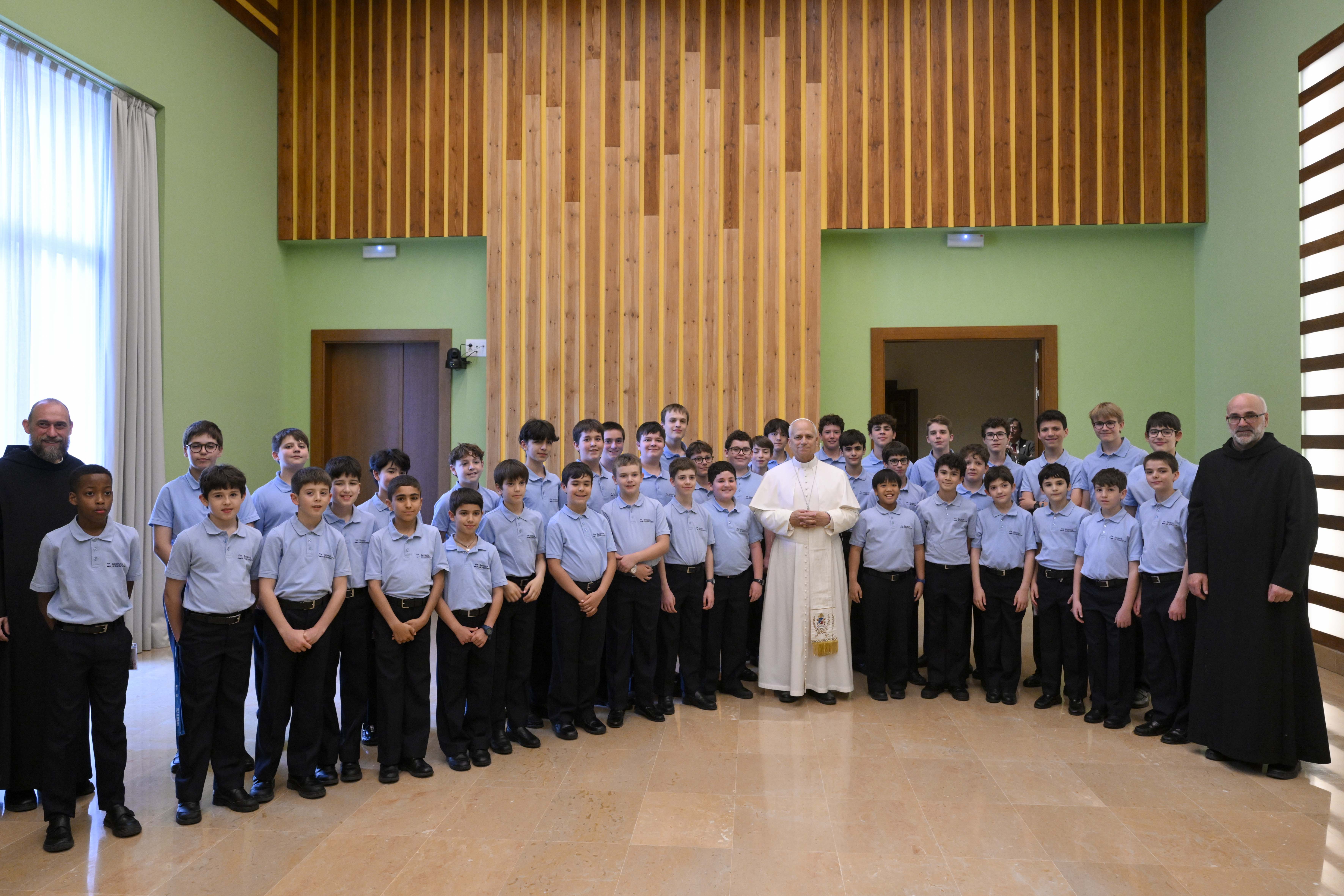 Pope Leo XIV meets with students while visiting the Benedictine community of Montserrat in Spain, June 10, 2026. The Holy Father's weeklong trip to Spain includes visits to historic Catholic sites and a trip to the Canary Islands. | Credit: Vatican Media