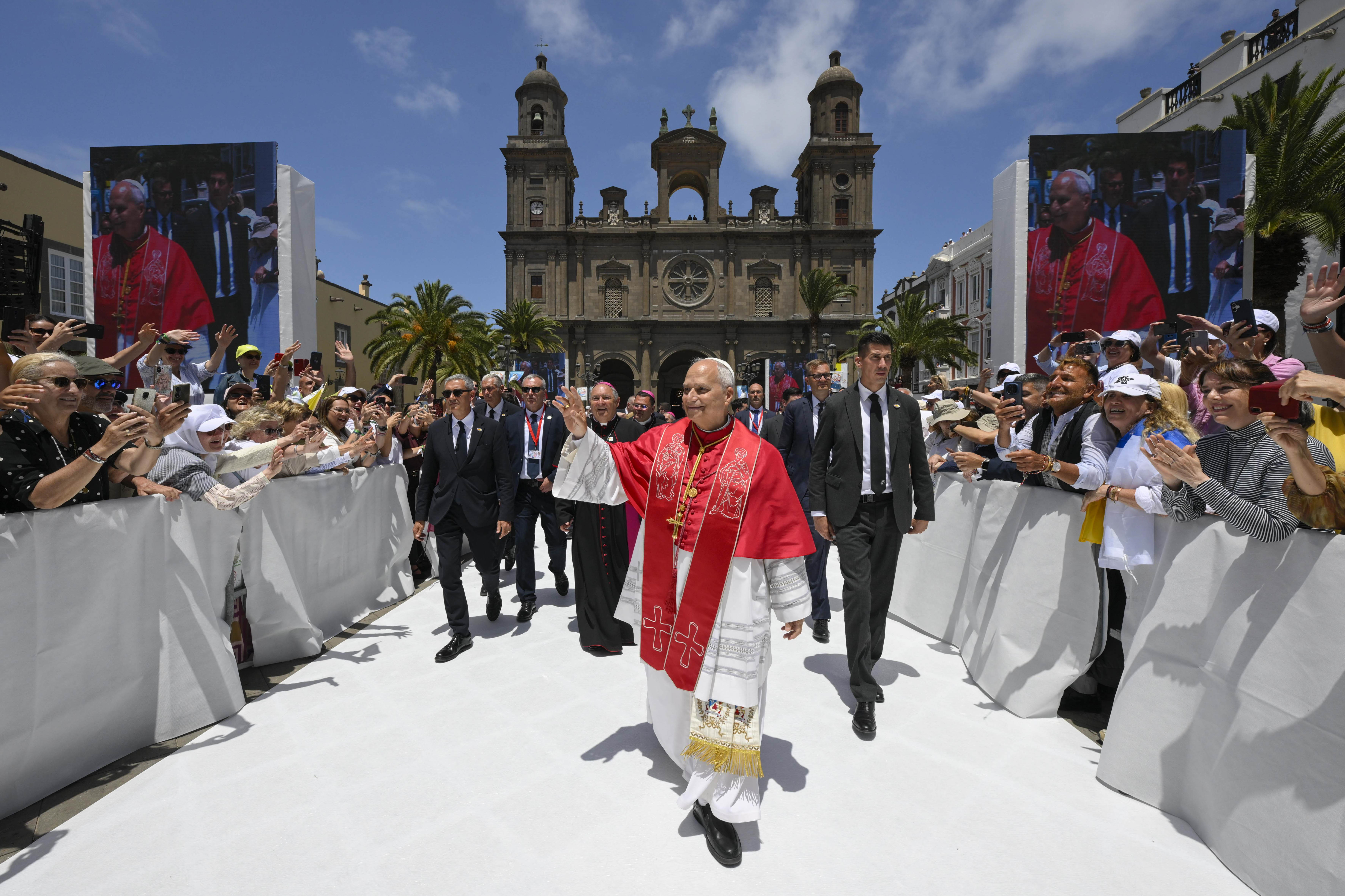 Pope Leo XIV waves during a visit to Santa Ana Cathedral in Las Palmas de Gran Canaria, Spain, on June 11, 2026. | Credit: Vatican Media