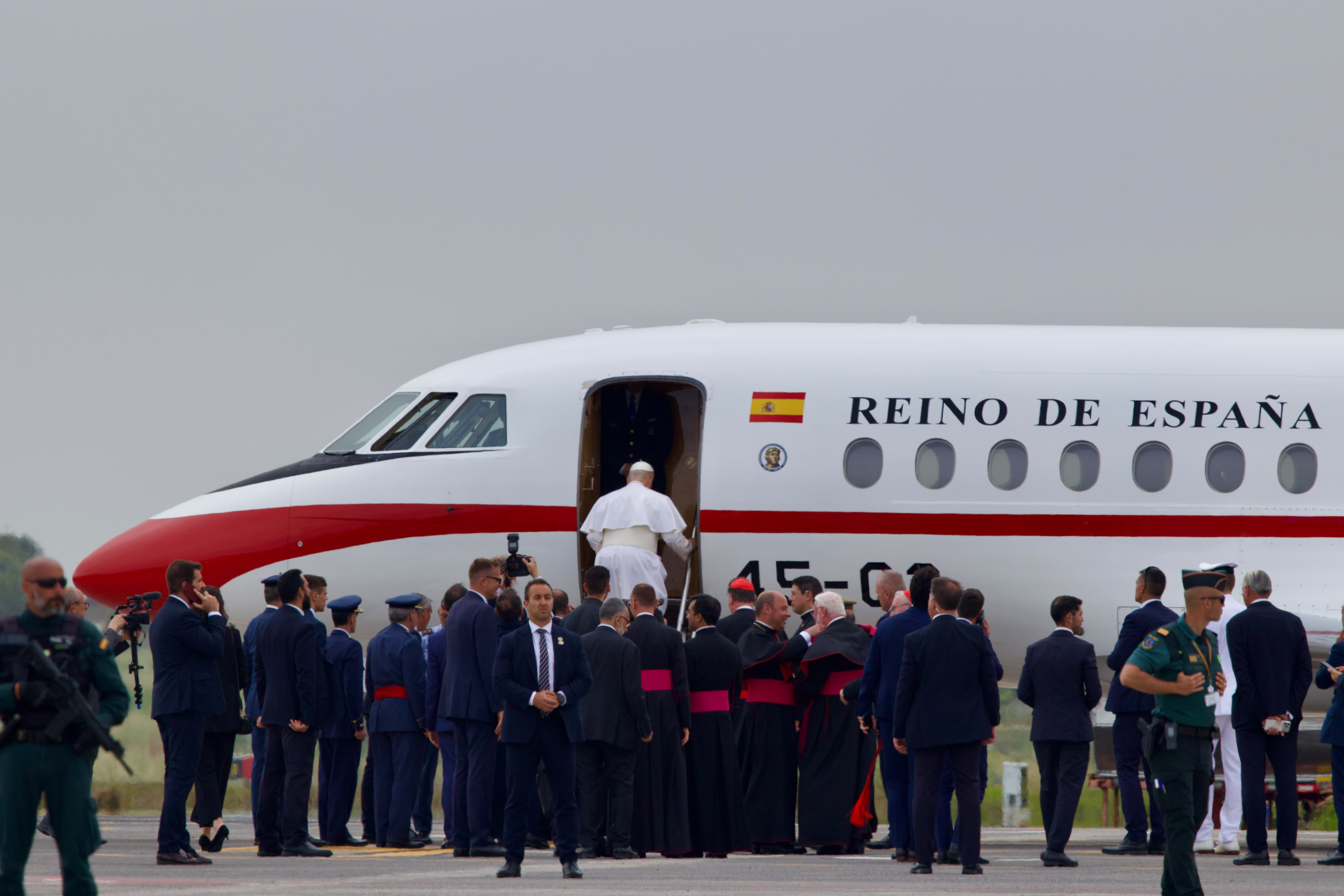 Pope Leo XIV boards the king of Spain’s airplane on June 12, 2026, in Tenerife, Spain. | Credit: Daniel Ibañez/EWTN News