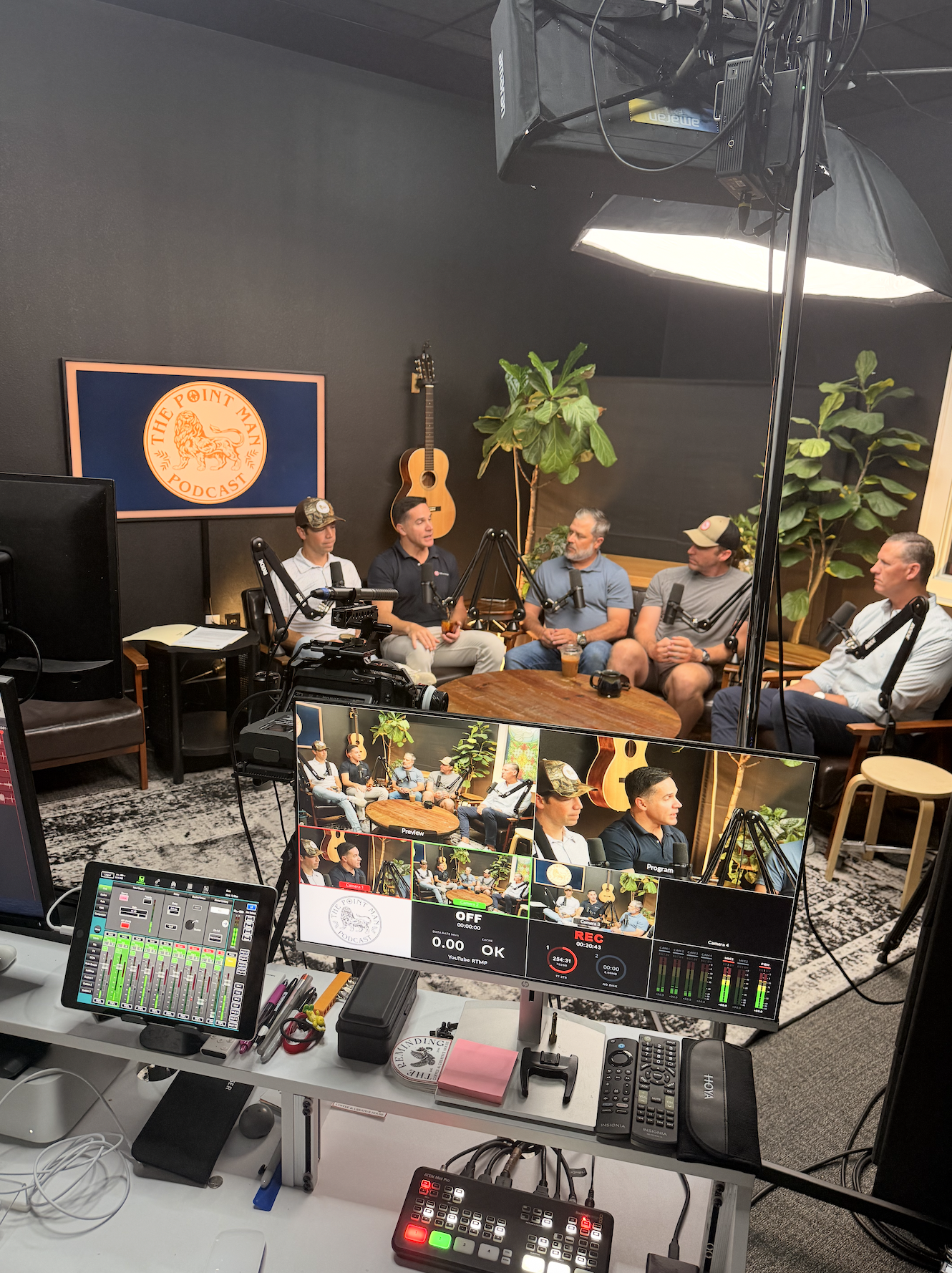 Samuel Blair, Jason Angelette, Chris Price, Clint Capdepon, and Drew Pearson film an episode of “The Point Man Podcast.” | Credit: Studio 7 at The Reminding