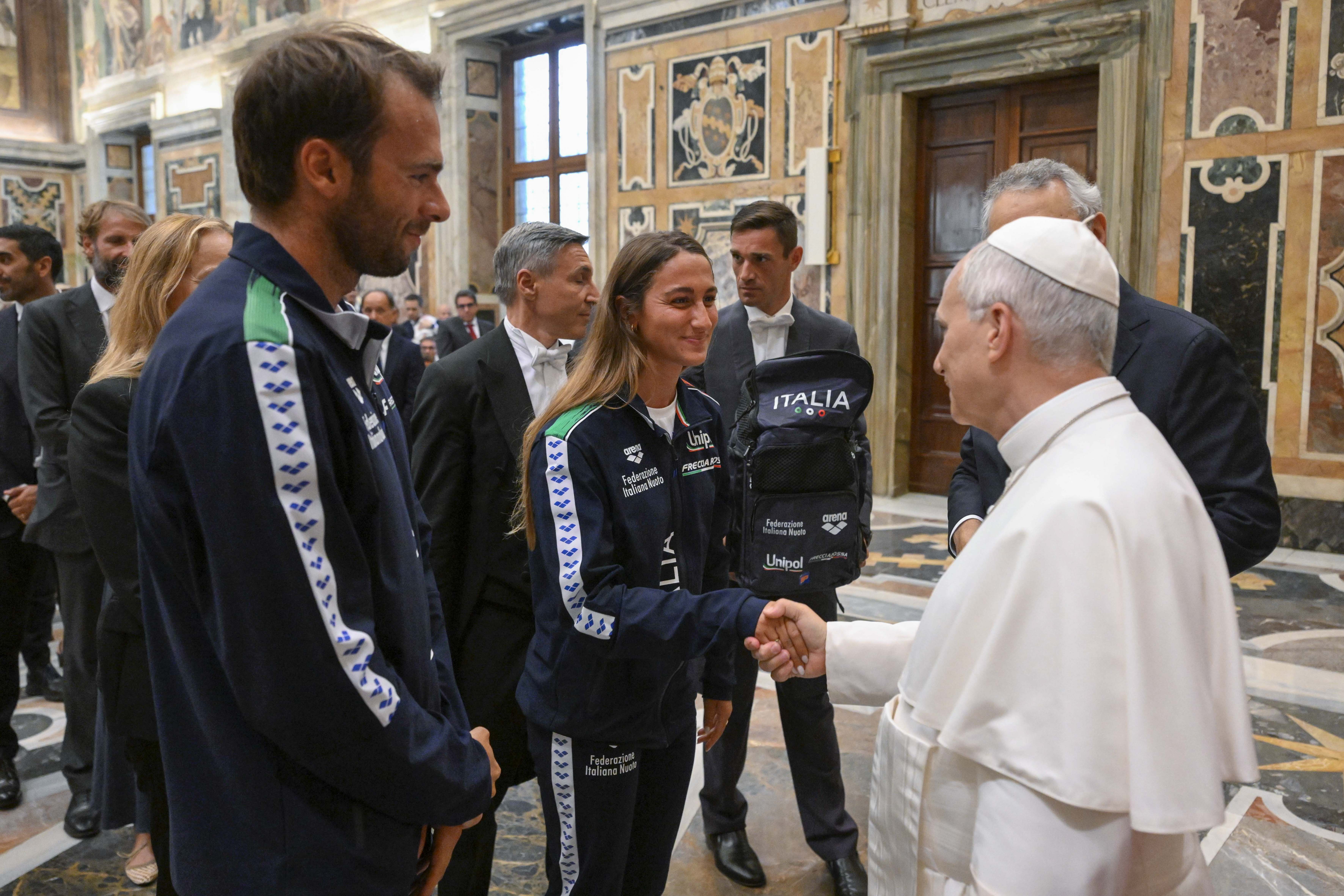 Pope Leo XIV greets members of the Italian Swimming Federation during a private audience at the Apostolic Palace in the Vatican on June 25, 2026. | Credit: Vatican Media