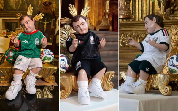 The child Jesus dressed in the three official uniforms of the Mexican national soccer team at the Altar of the Kings in the Mexico City Metropolitan Cathedral. | Credit: Photo courtesy of the Mexico City Metropolitan Cathedral