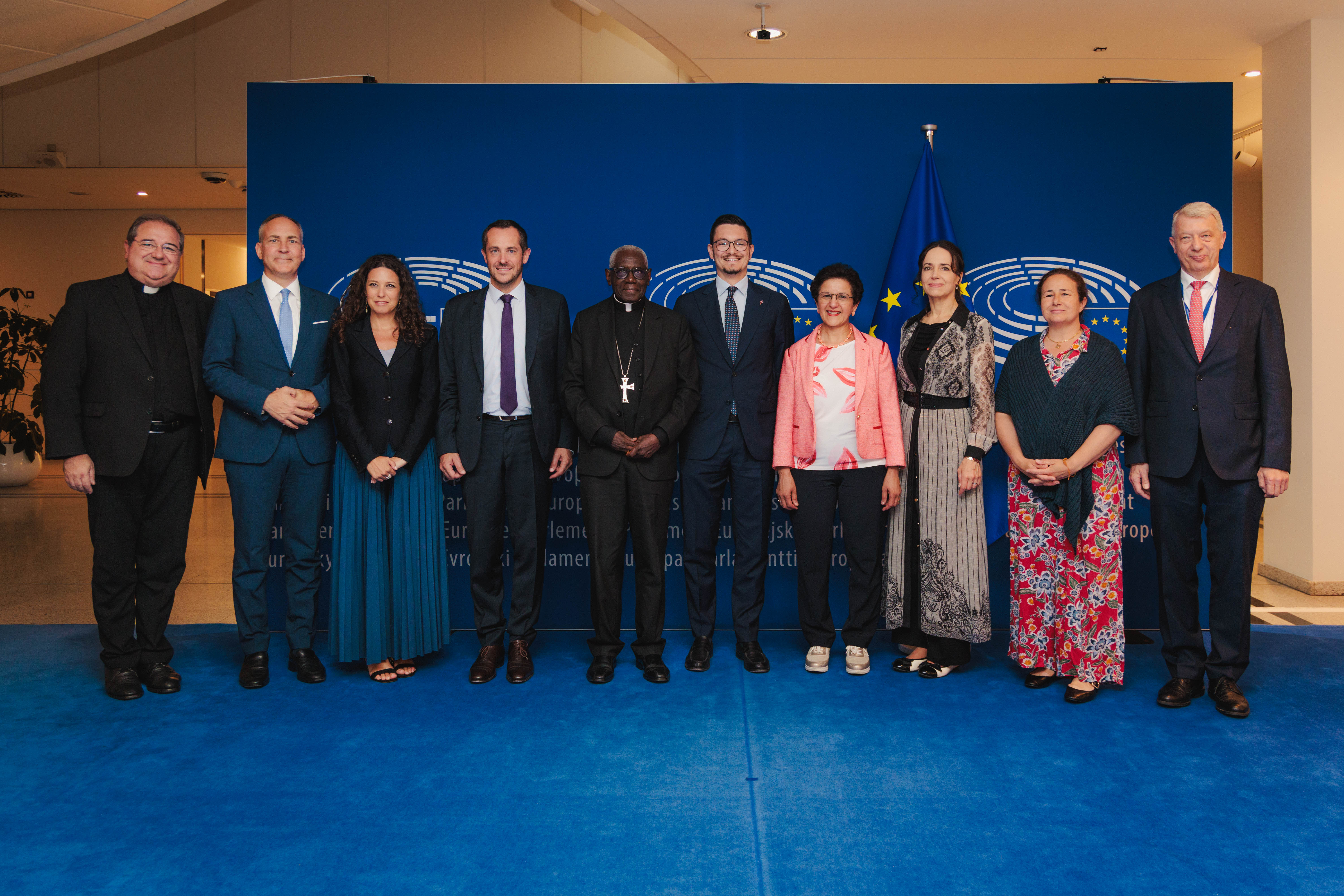 Cardinal Robert Sarah poses with speakers and organizers at the European Parliament in Brussels on July 15, 2026. | Credit: ECR Group