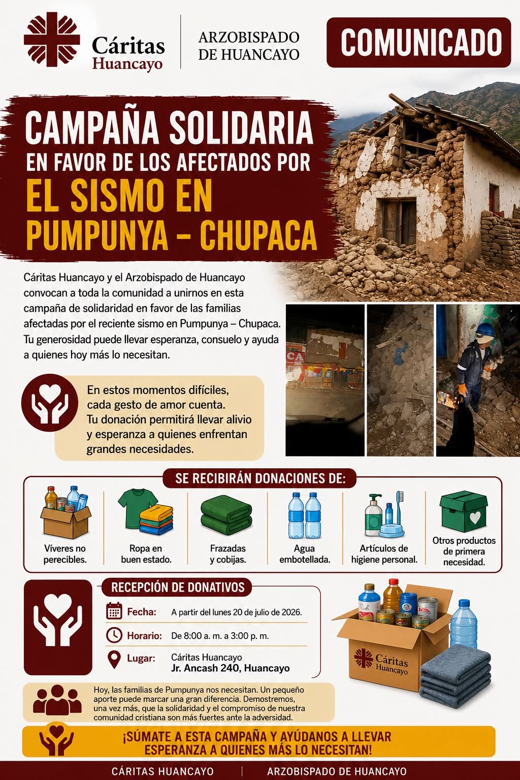 Cáritas Huancayo lanza colecta para los afectados por el sismo del 18 de julio en Perú.