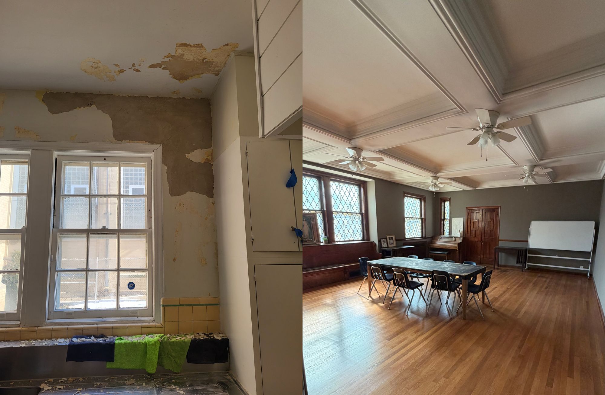 Before (left) and after (right) a rundown convent was refurbished into a Catholic art studio in Atlantic City, New Jersey. | Credit: Photo courtesy of Jim Dessicino