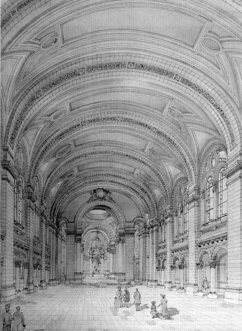 An original print of the basilica, drafted by architect Emmanuel Louis Masqueray, hangs in the church’s undercroft. | Credit: Courtesy of the Basilica of Saint Mary