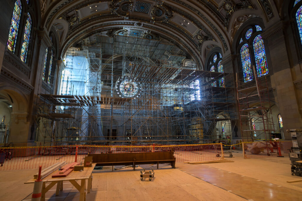 Scaffolding towers above the nave of the Basilica of Saint Mary in Minneapolis in an undated photograph. | Credit: Ken Fournelle/Courtesy of the Basilica of Saint Mary