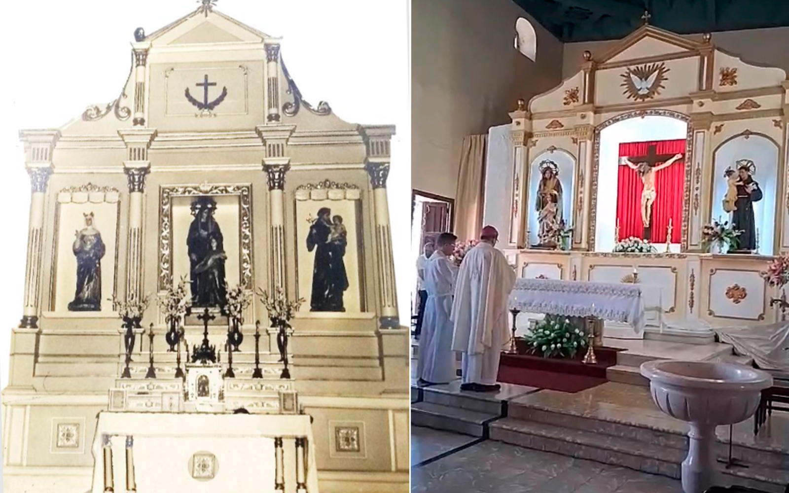 A la izquierda, el antiguo retablo retirado en 1961. A la derecha, Mons. Pino bendice el nuevo retablo el 25 de julio de 2026. | Créditos: Parroquia Santa Ana de Camagüey - Frank Luis.