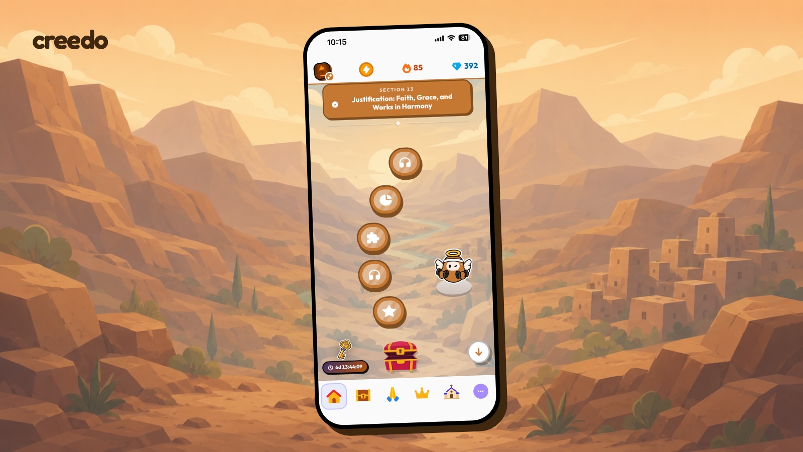 Screenshot of Creedo App Section 13, “Justification: Faith, Grace, and Works in Harmony,” July 30, 2026. | Credit: Photo courtesy of Caleb Burbach