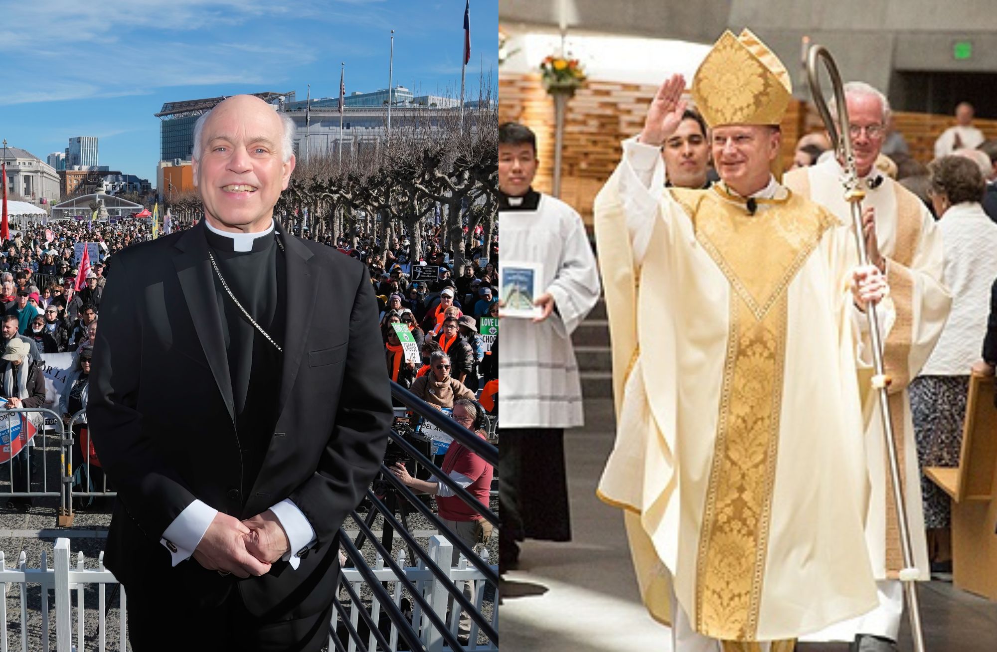 Archbishop Salvatore Cordileone, left, at the California Walk for Life; Bishop Michael Barber of Oakland at his appointment as bishop. | Credit: Jim Graves; photo courtesy of Diocese of Oakland