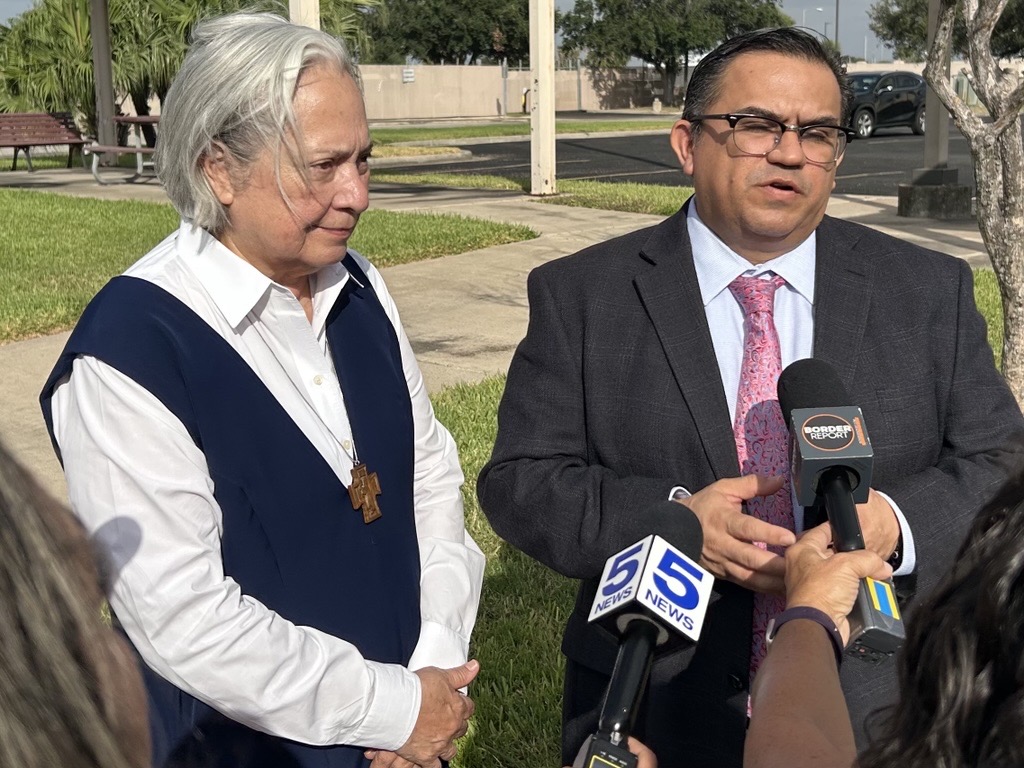Sister Norma beside Sister Lettyʼs lawyer, Carlos M. Garcia, speaking to the media outside the ICE field office in Harlingen, Texas, after Ugboaja’s July 28, 2026, immigration check-in. | Credit: Amira Abuzeid/EWTN News