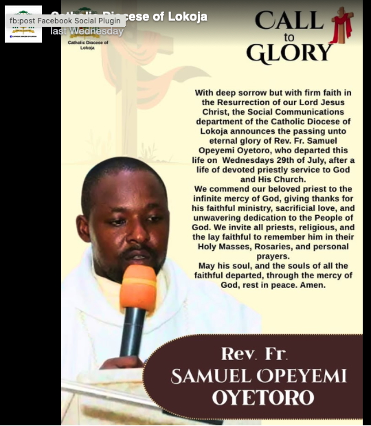 The Diocese of Lokoja in Nigeria announces “the passing unto eternal glory” of Father Samuel Opeyemi Oyetoro. | Credit: Courtesy of Diocese of Lokoja