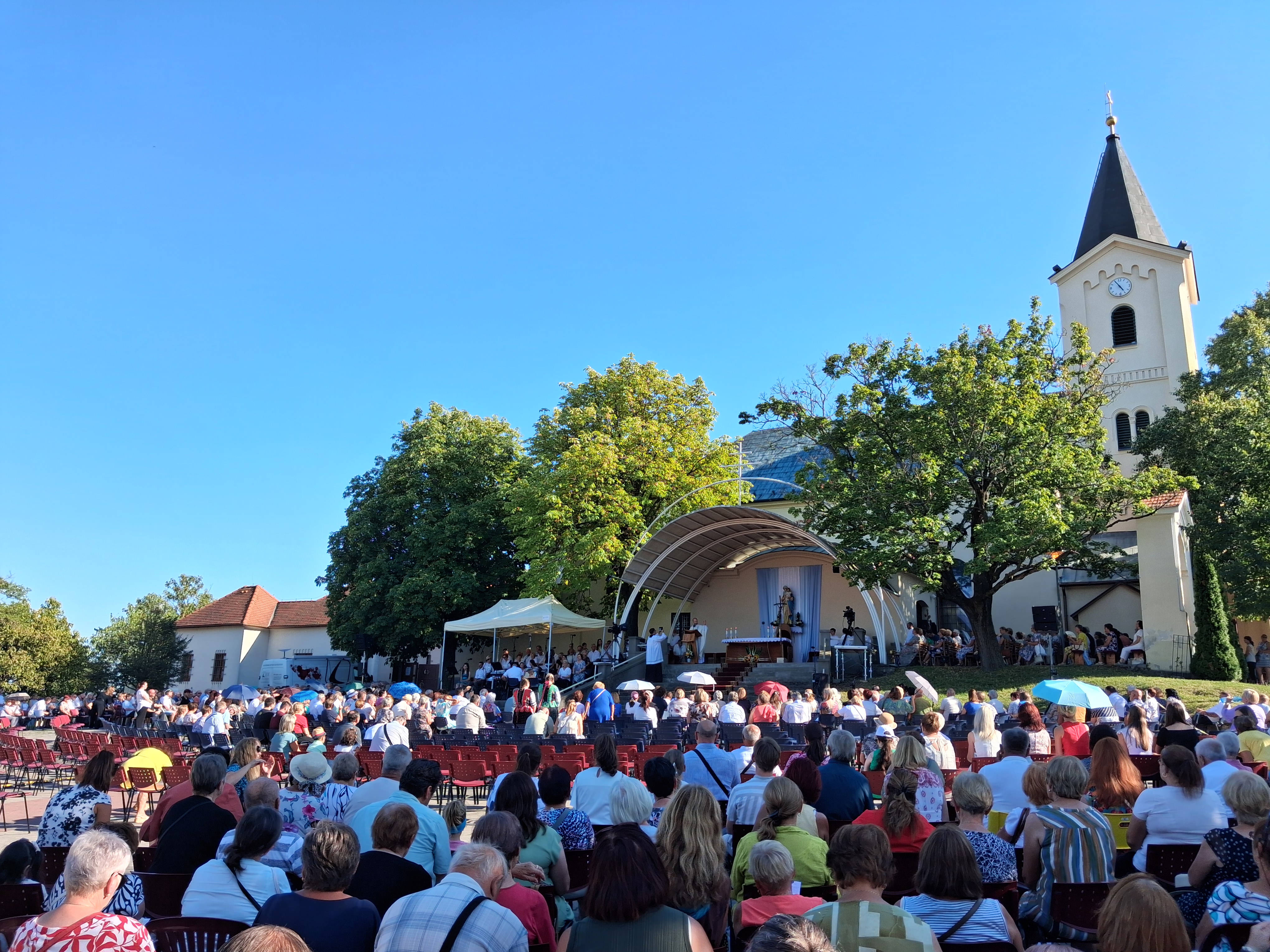 Pilgrims attend Mass at the open-air sanctuary on the Calvary hill in Nitra, Slovakia, on Aug. 15, 2026. | Credit: Bohumil Petrík