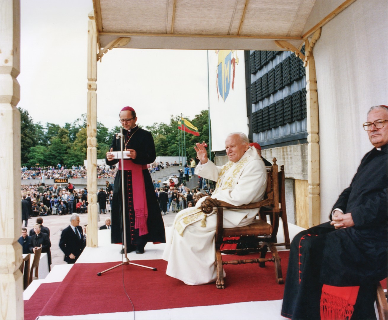 Bishop Sigitas Tamkevičius addresses young people gathered to meet Pope John Paul II at the Darius and Girėnas Stadium in Kaunas, Lithuania, in September 1993. | Credit: Photo courtesy of Cardinal Sigitas Tamkevičius